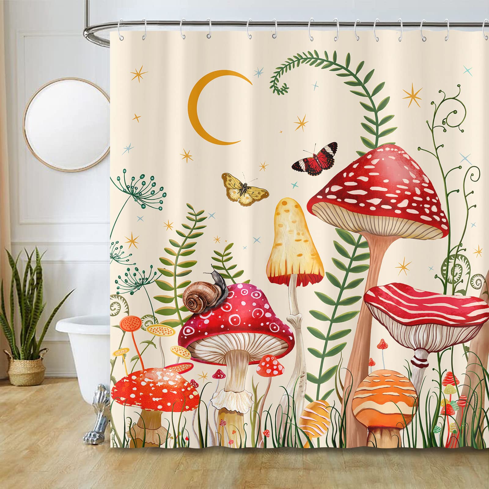 Zussun Extra Long Mushroom Shower Curtain Set Beige And Red Floral Butterfly Waterproof Fabric Bathroom Shower Curtains Aestheti