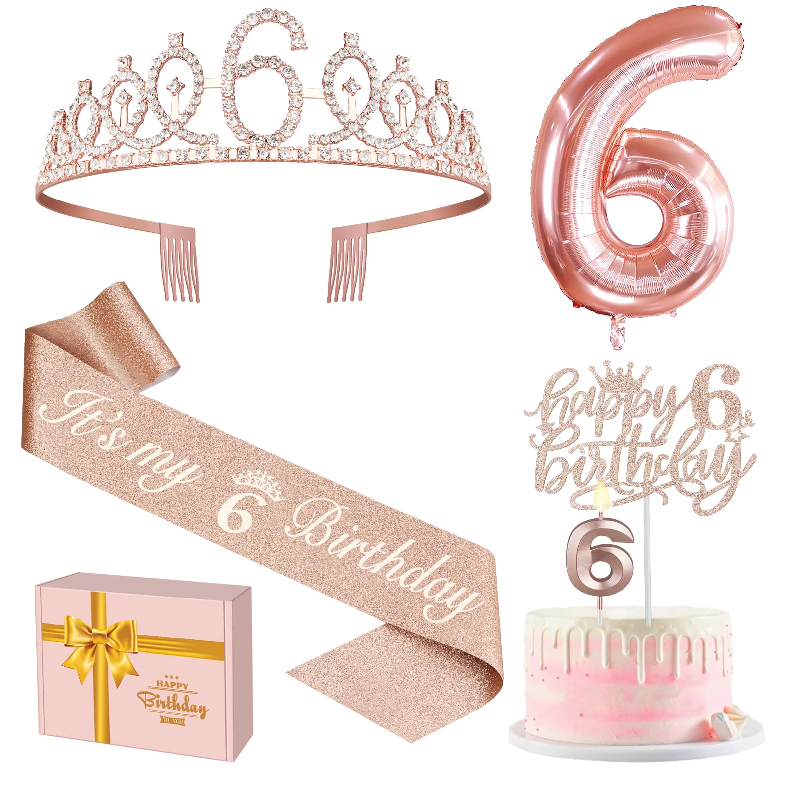 6Th Birthday Decorations Gifts For Girls Including 6Th Birthday Girl Sash And Tiara, 6Th Birthday Candles And Cake Topper, Numbe