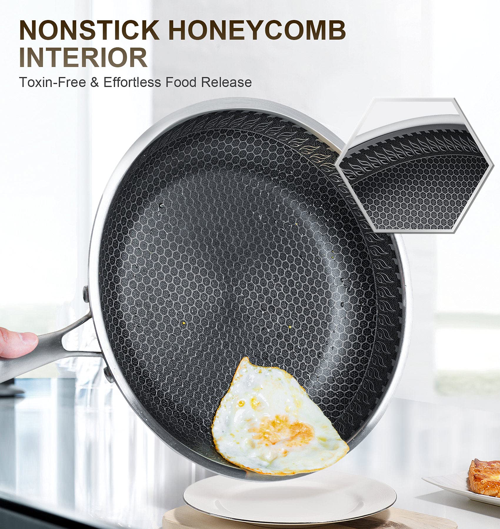 Michelangelo 12 Inch Stainless Steel Frying Pan With Lid, Nonstick With Honeycomb Coating, Triply Skillet - Induction Compatible