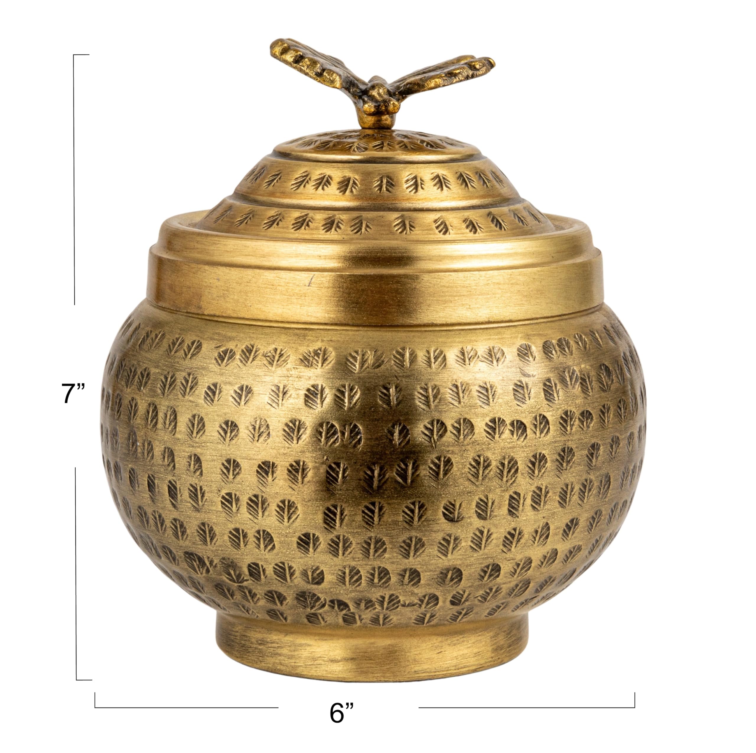 Creative Co-Op Round Hammered Metal Container with Butterfly Finial, Brass Finish