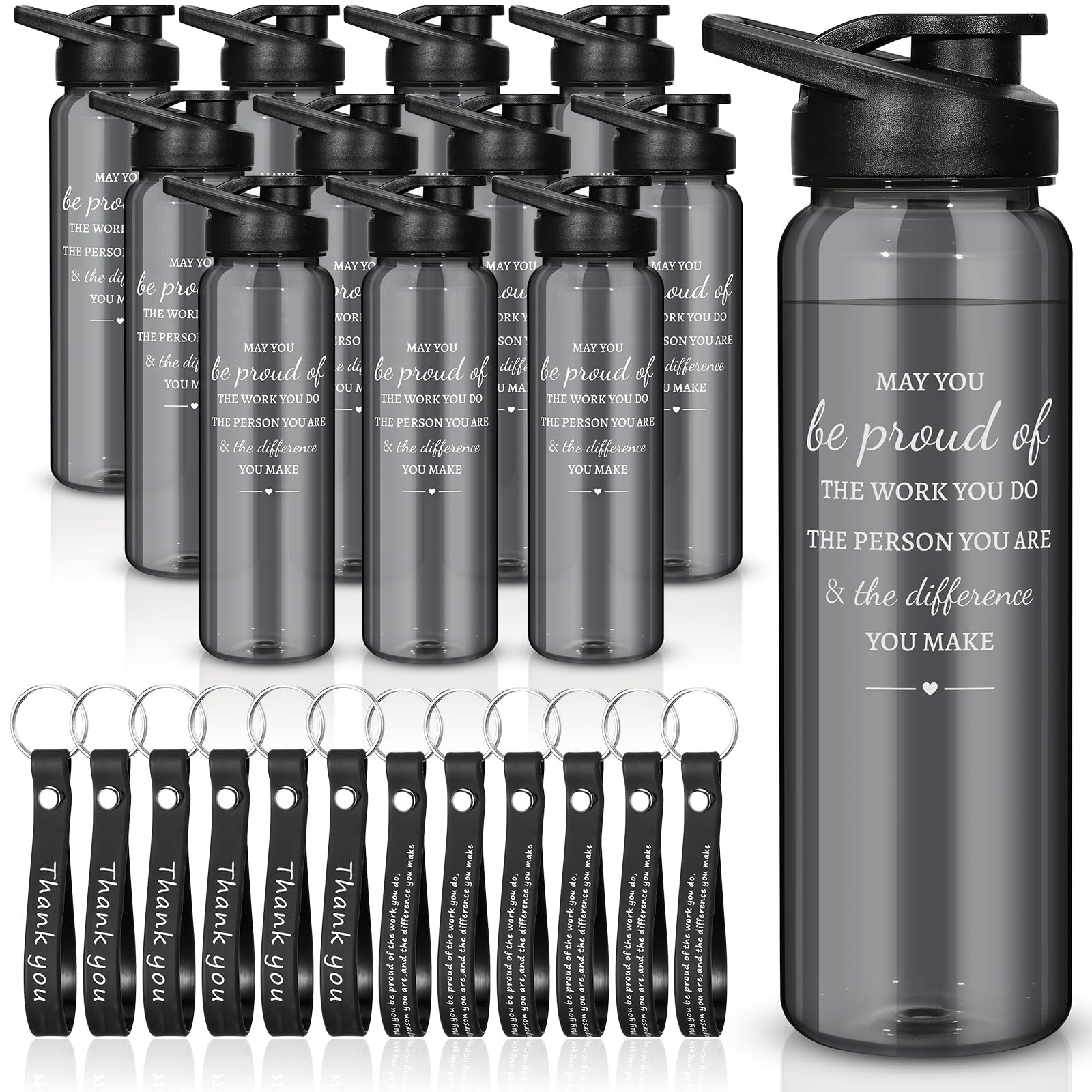 Lallisa 24 Pcs Employee Thank You Gifts 12 Plastic 24 oz Water Bottles Bulk and 12 Thank You Sign Silicone Keychain Appreciation