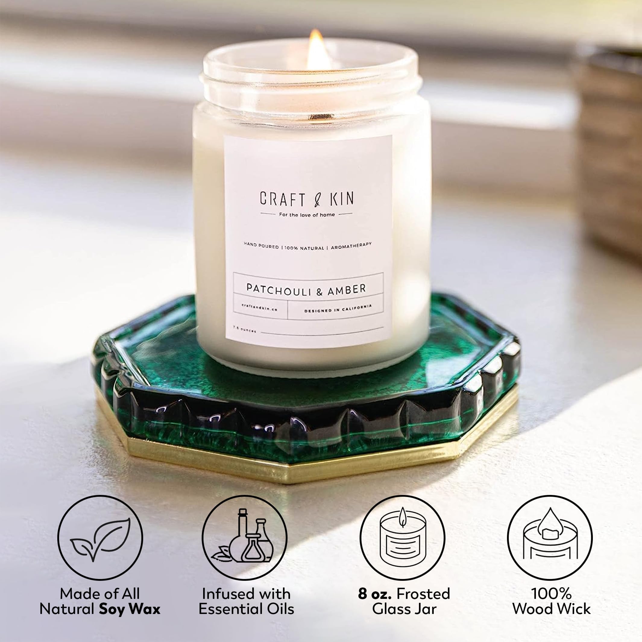 Patchouli & Amber Scented Candles 8 oz 45 Hour Long Lasting Winter Candle | Wooden Wick Candles | Christmas Scented Candles for