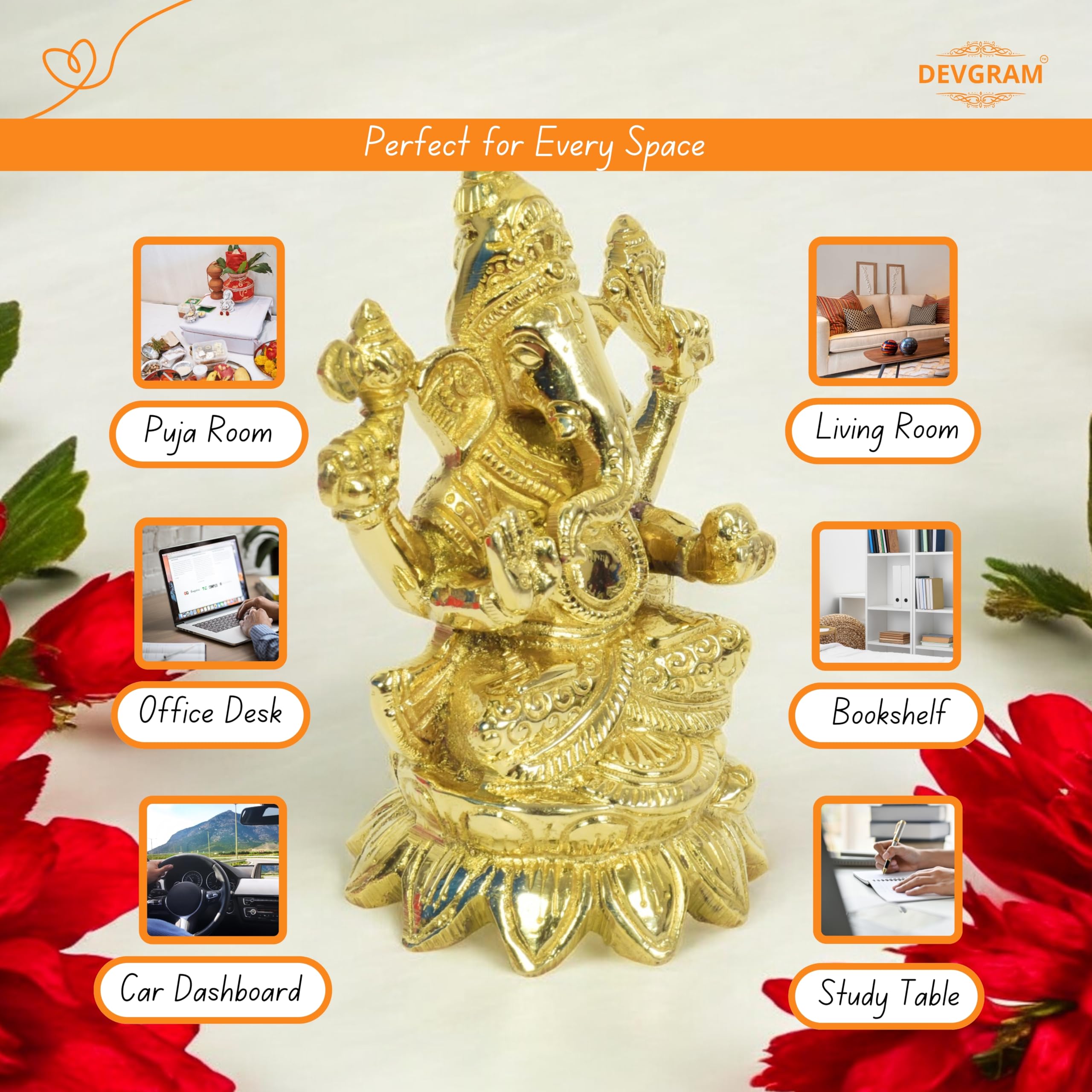 Devgram Brass Ganesh Idol - 5 Inch Brass Ganpati Murti God Sitting Ganesha Vinayak Murti | Showpiece For Home Dcor, Office, Vast
