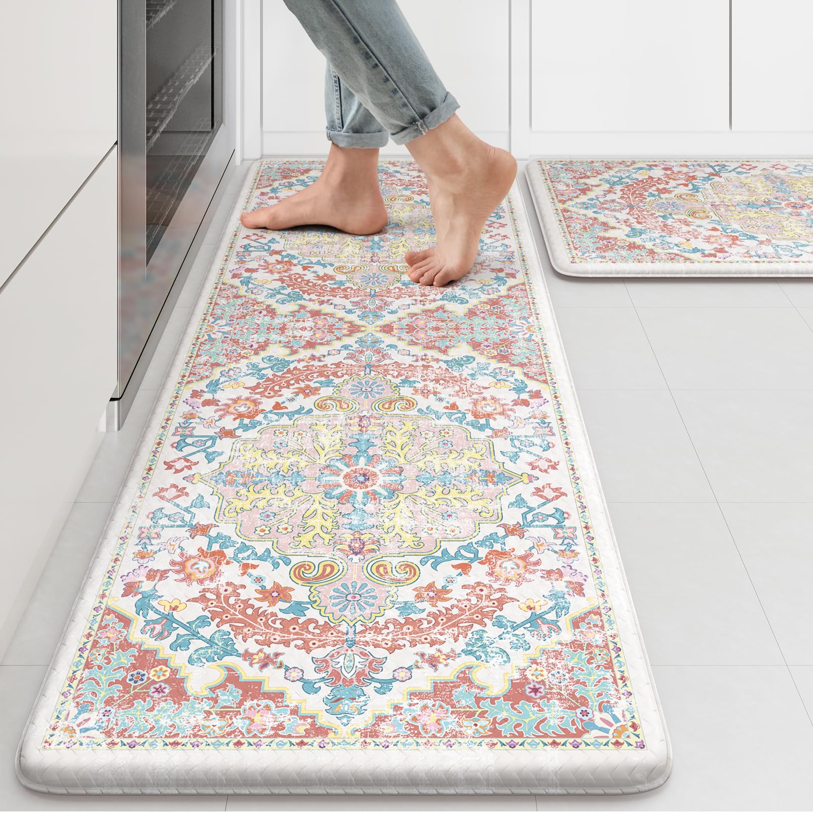 Kimode Kitchen Mats For Floor, 17''X47''+17''X29'' Boho Vintage Kitchen Rugs 2 Pcs, Cushioned Anti Fatigue Mats For Kitchen Floo