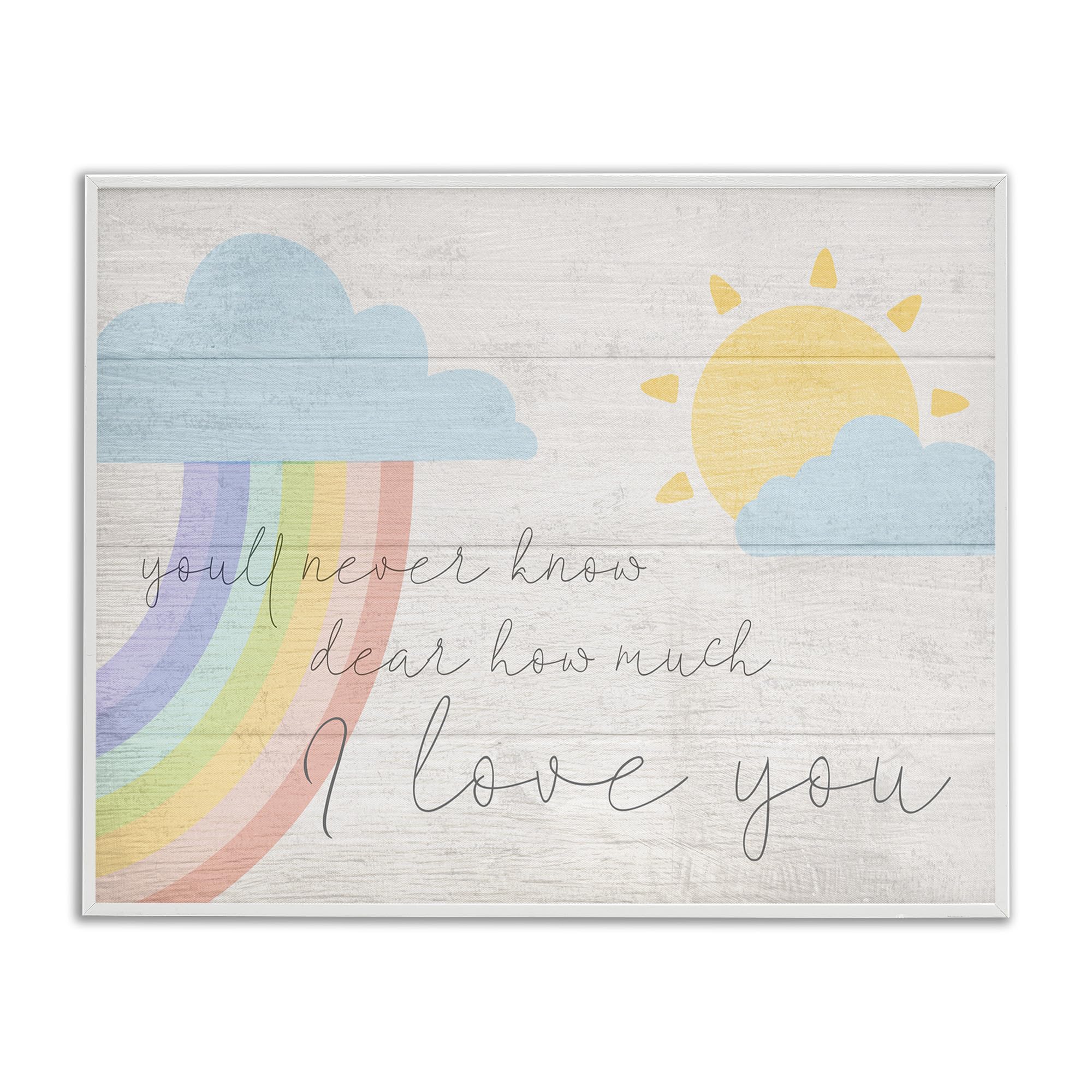 Stupell Industries How Much I Love You Rainbow Clouds and Sun on Planks, Design by Daphne Polselli White Framed Wall Art, 11 x 1