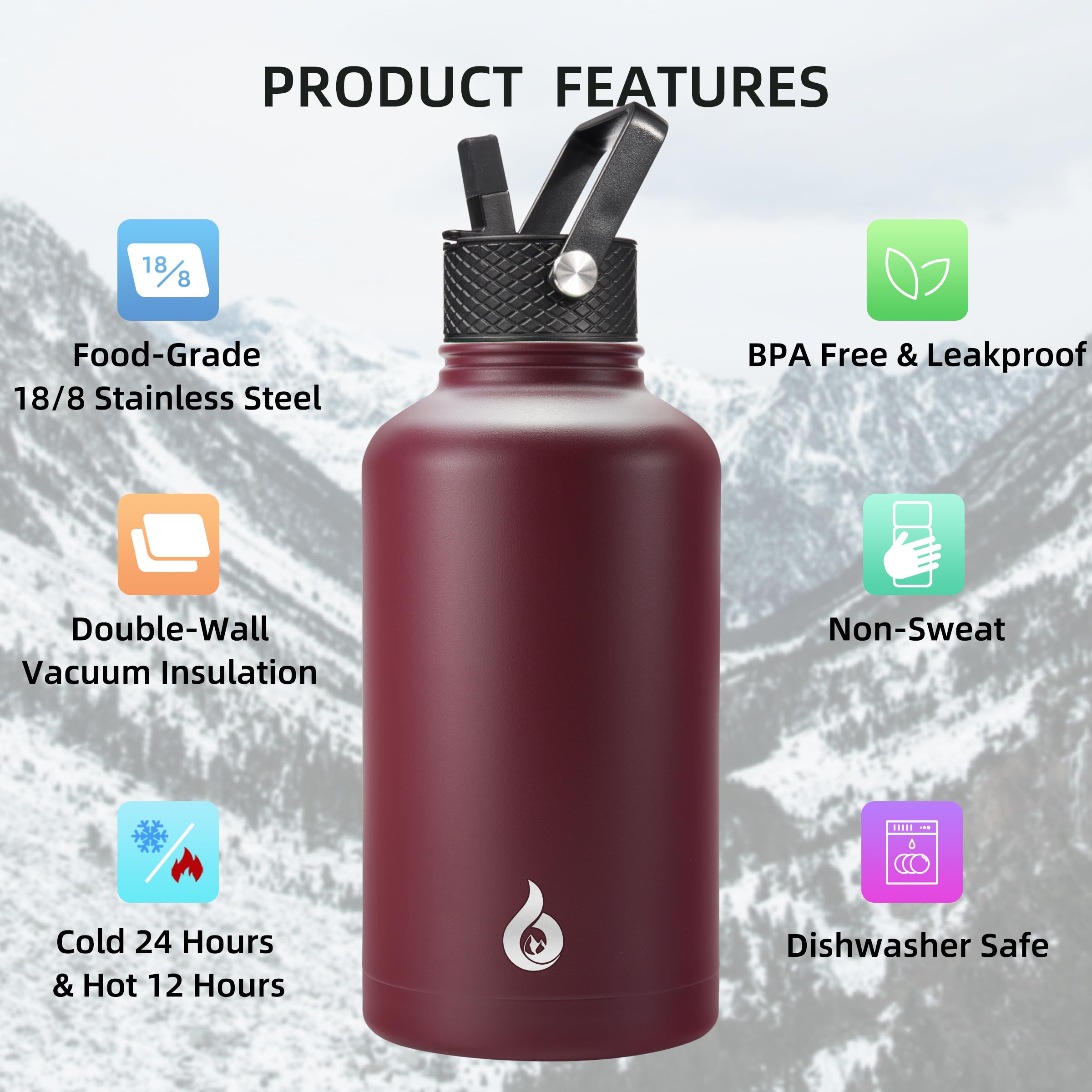 Bjpkpk Half Gallon Insulated Water Bottles With Straw Lid, 64Oz Large, Stainless Steel With 3 Lids And Paracord Handle For Hot &