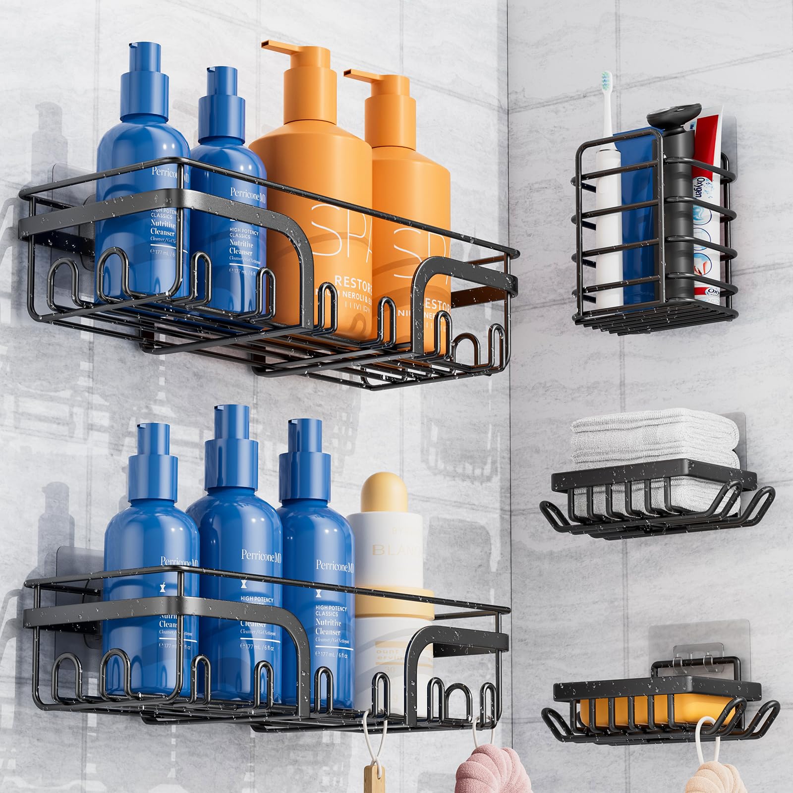 Adhesive Shower Caddy, 5 Pack No Drilling Shower Shelves, Rustproof Stainless Steel Bath Shower Organizers, Large Capacity Showe