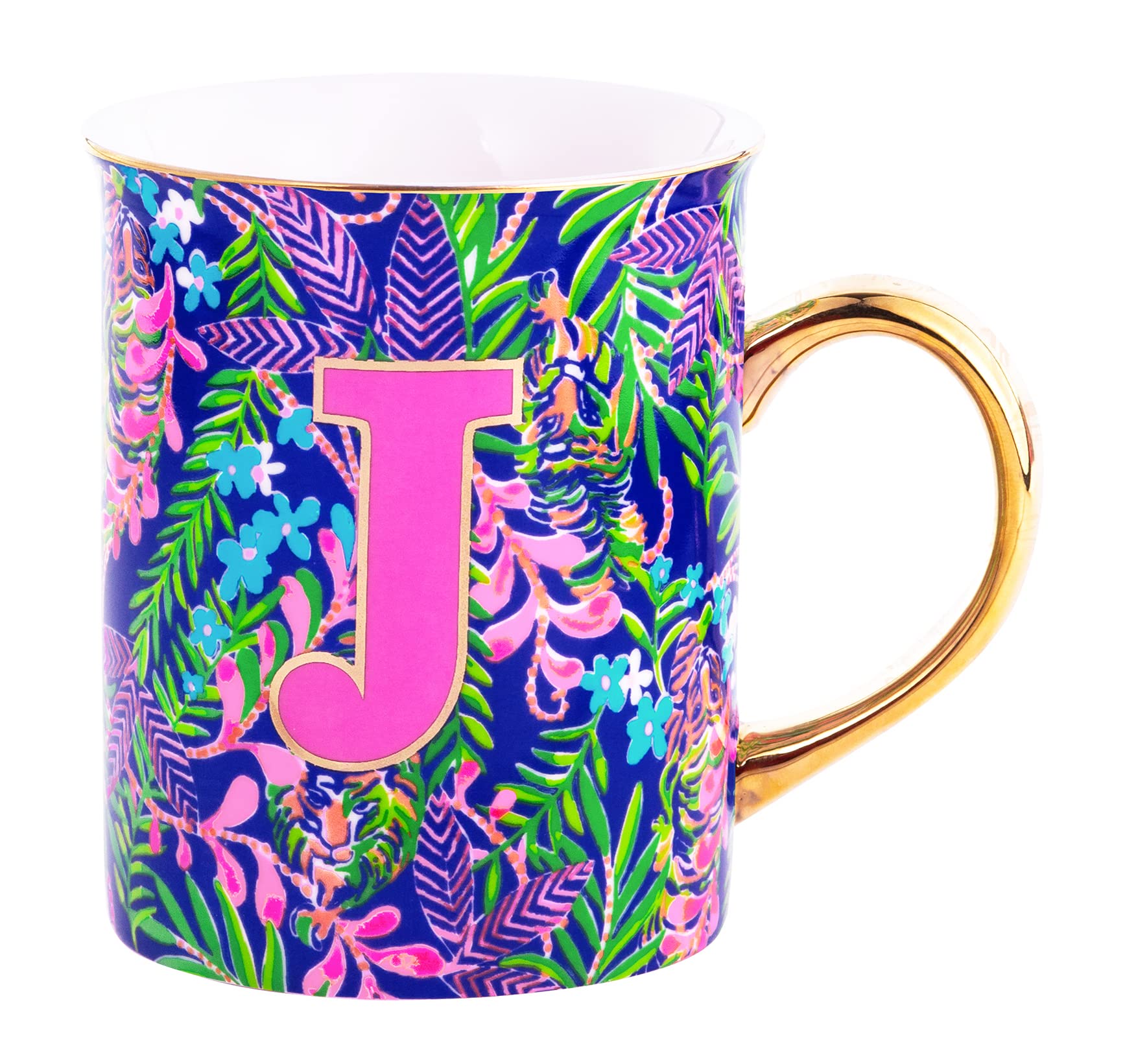 Lilly Pulitzer Initial Ceramic Coffee Mug, 14 Oz Tea Cup, Cute Mug With Gold Handle And Gift Box, J (How You Like Me Prowl)