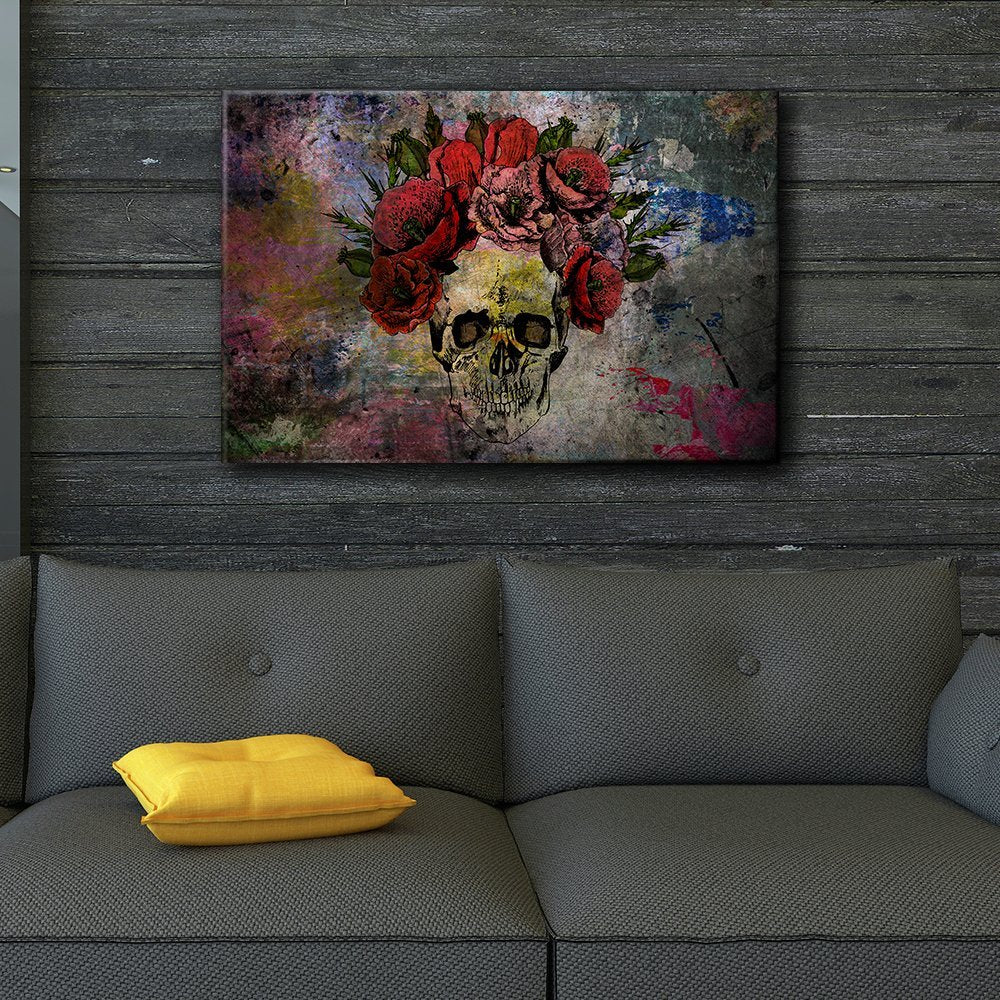 Wall26 Human Skull With Roses Flowers Over Colorful Splattered Paint - Abstract Giclee Print Canvas Wall Art Home Art - 16X24 In