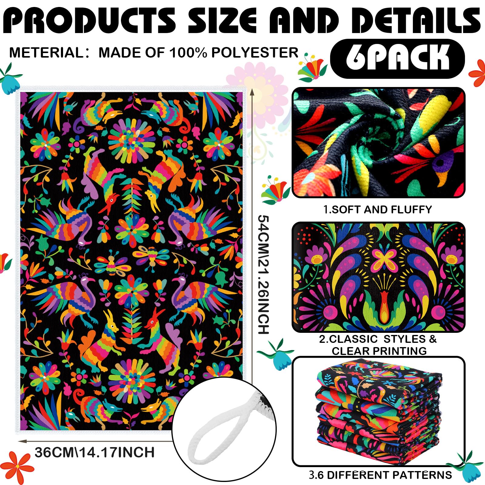 Breling Set Of 6 Mexican Otomi Kitchen Towels Mexican Talavera Themed Dish Towel Bathroom Decorative Mexican Traditional Bird Fl