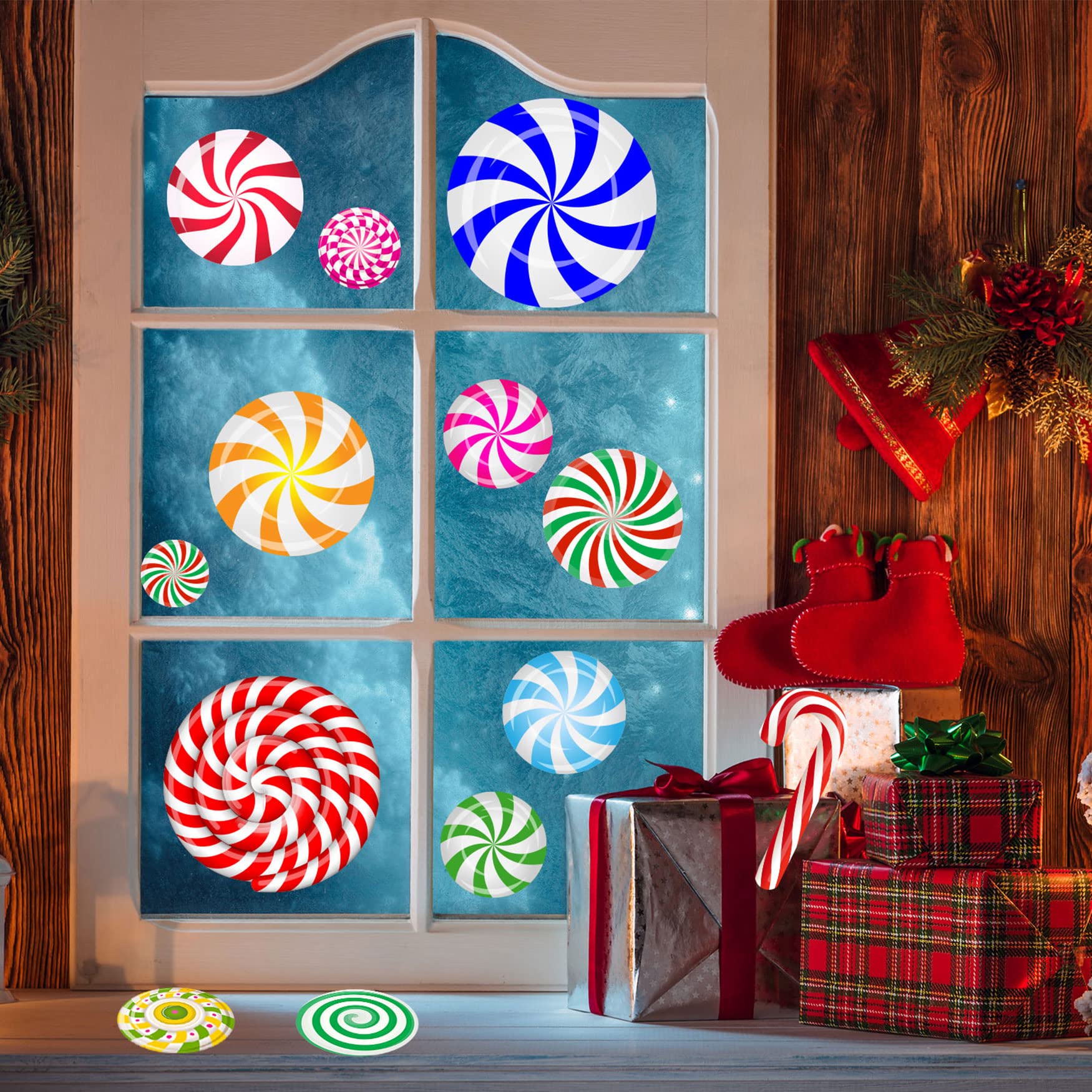 Funnlot 57Pcs Peppermint Floor Decals Christmas Wall Stickers Christmas Decals For Wall Christmas Stickers For Wall Candy Wall S