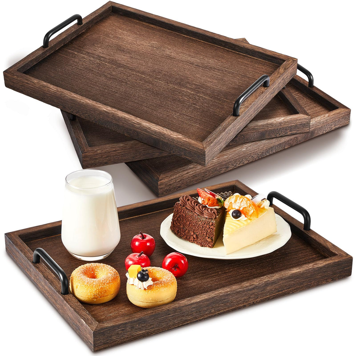 Lallisa 4 Pcs Large Wooden Serving Tray Decorative 15.75 X 11.81 X 2.36 Ottomantray Rustic With Handles Coffee Table Decor Wood