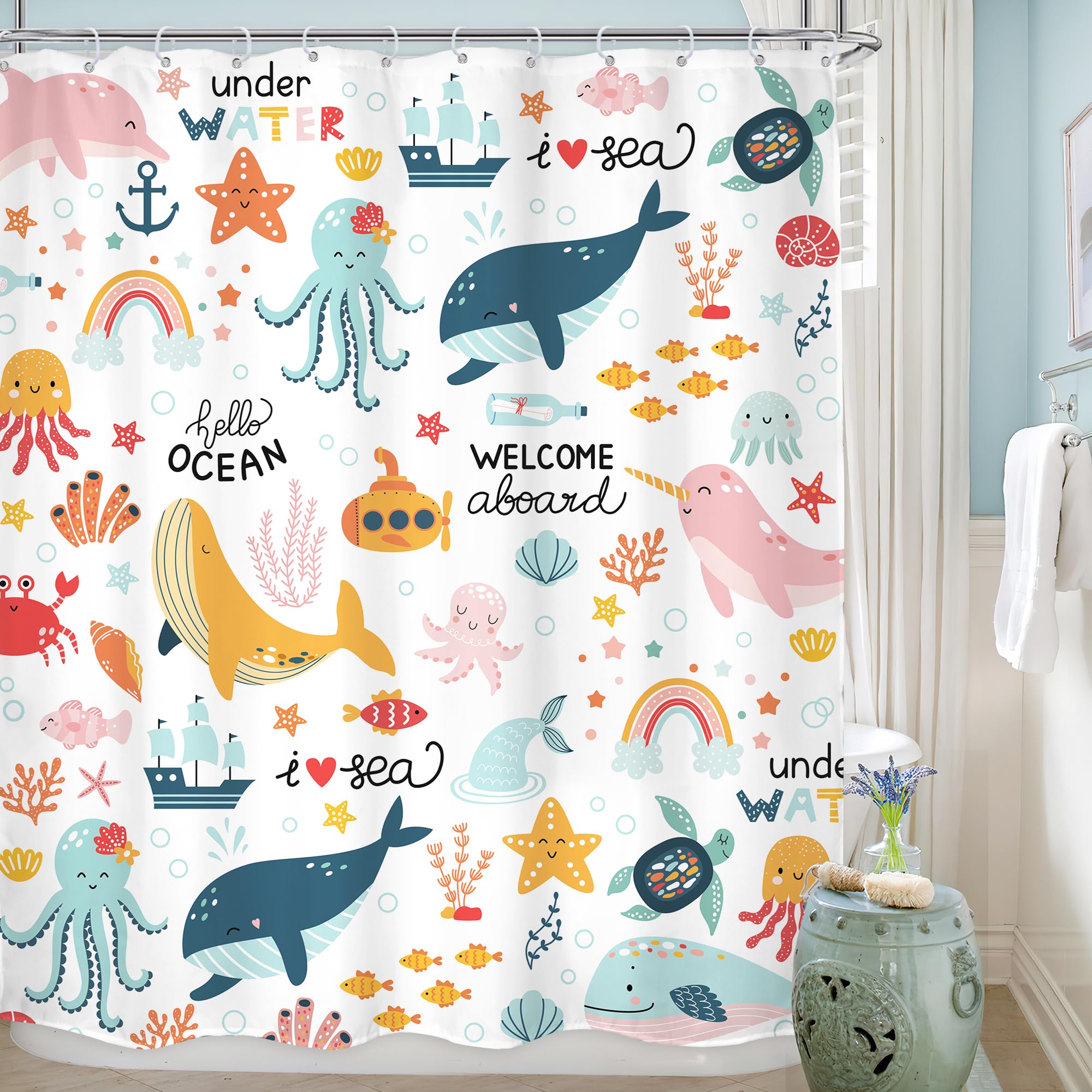 Lghtyro Kids Whale Ocean Shower Curtain Bathroom Set 60Wx71H Inches Cartoon Underwater Sea Animals Cute Fish Funny Sealife Color