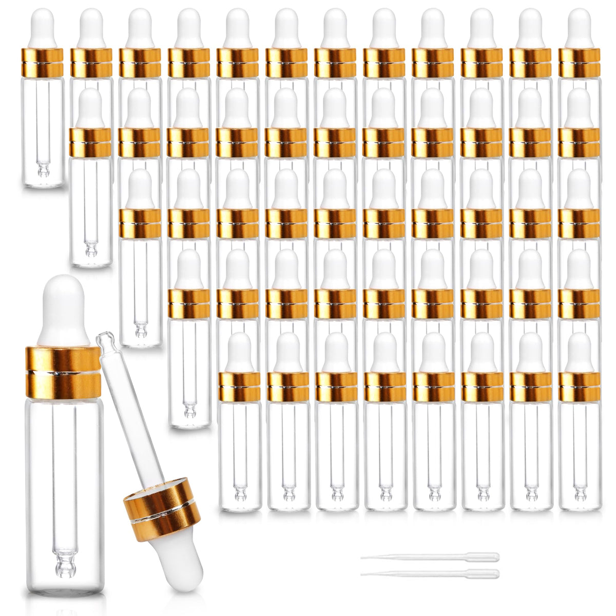 Comrzor 50 Pack 5Ml Clear Glass Dropper Bottles With 2 Pcs Plastic Droppers, Mini Sample Dropper Bottles For Essential Oils Perf
