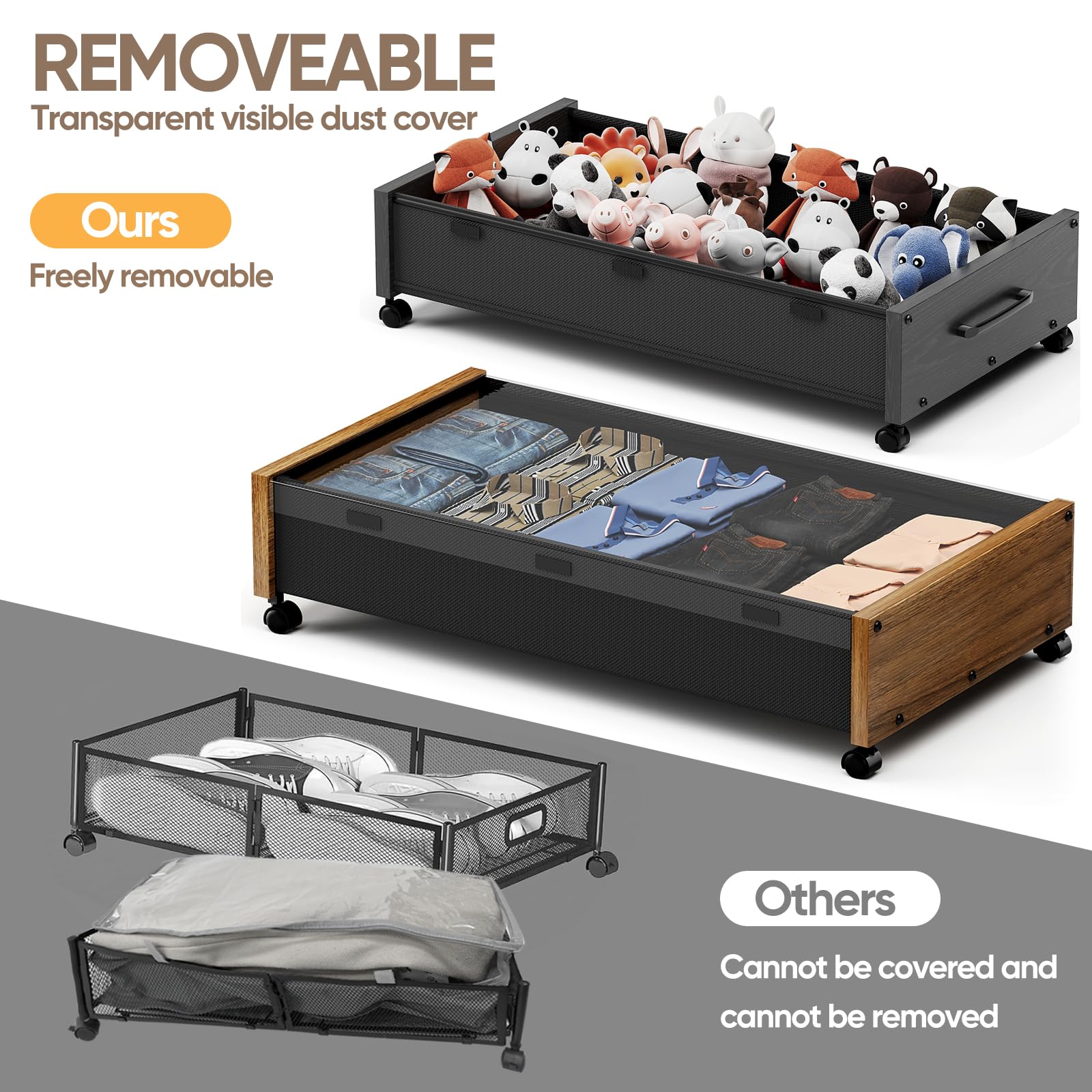 KITHELP Under Bed Storage with Wheels, Wooden Under Bed Drawers 2 Packs, Rolling Underbed Storage Containers Organizer with Hand