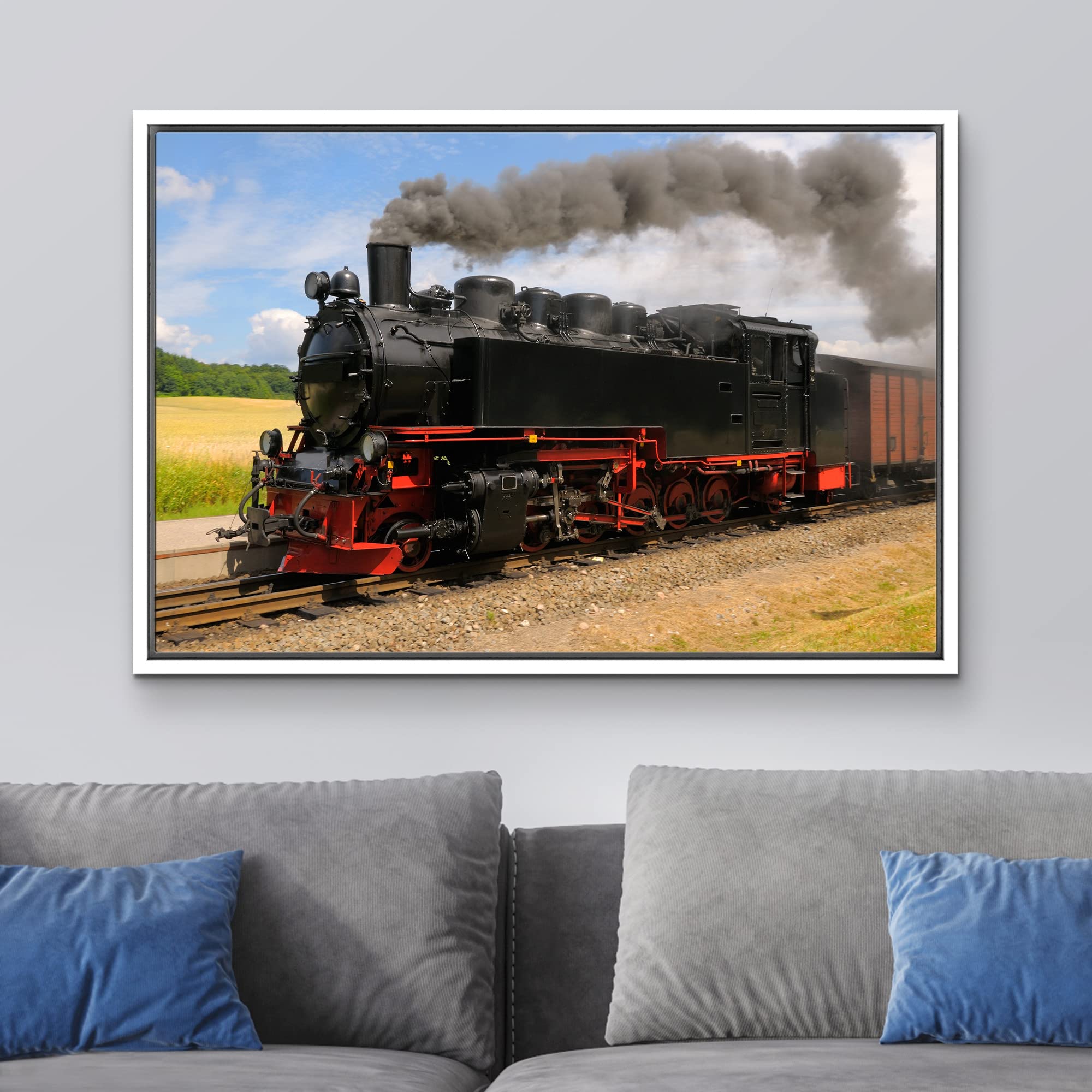 Steam Train With Black Smoke Running On Island Rugen Northern Germany - Framed Canvas Art Wall Art - 24''X36'' White
