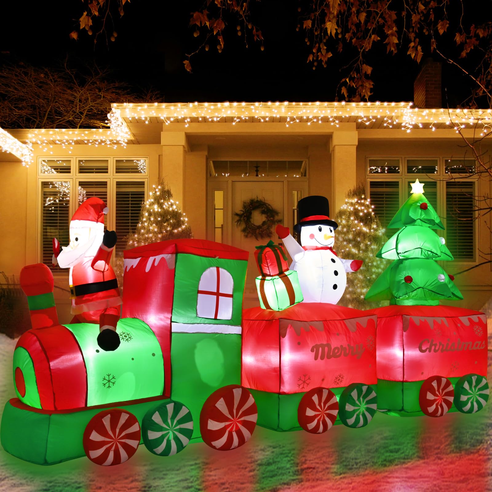 FRAMICS 10.5 FT Christmas Inflatable Train with Santa Claus, Multicolor LED Lights, Polyester, Easy Setup, Large