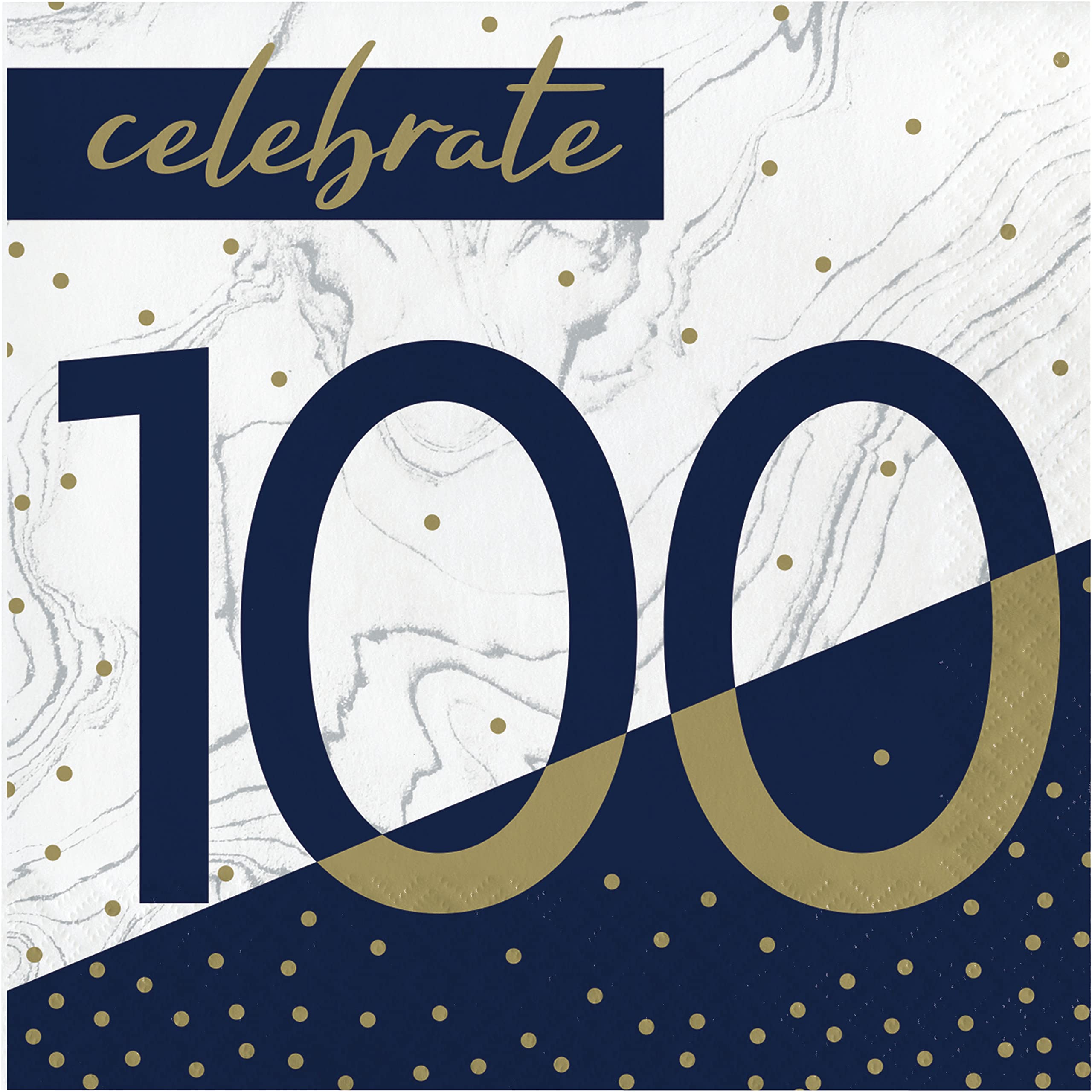 Creative Converting Navy And Gold 100Th Birthday Napkins, 6.5''