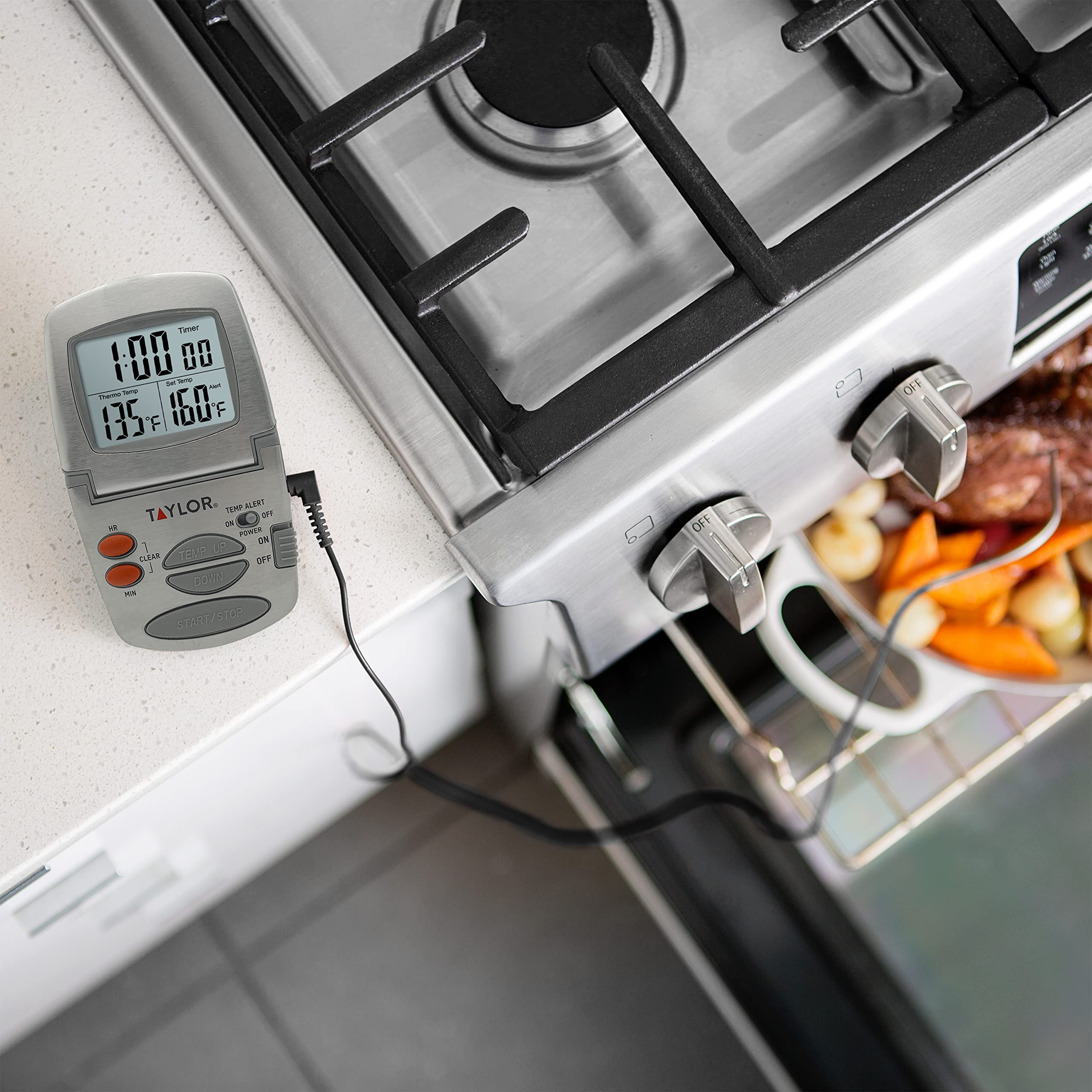 Taylor Programmable With Timer Instant Read Wired Probe Digital, Meat, Food, Grill Bbq Cooking Kitchen Thermometer, Stainless St