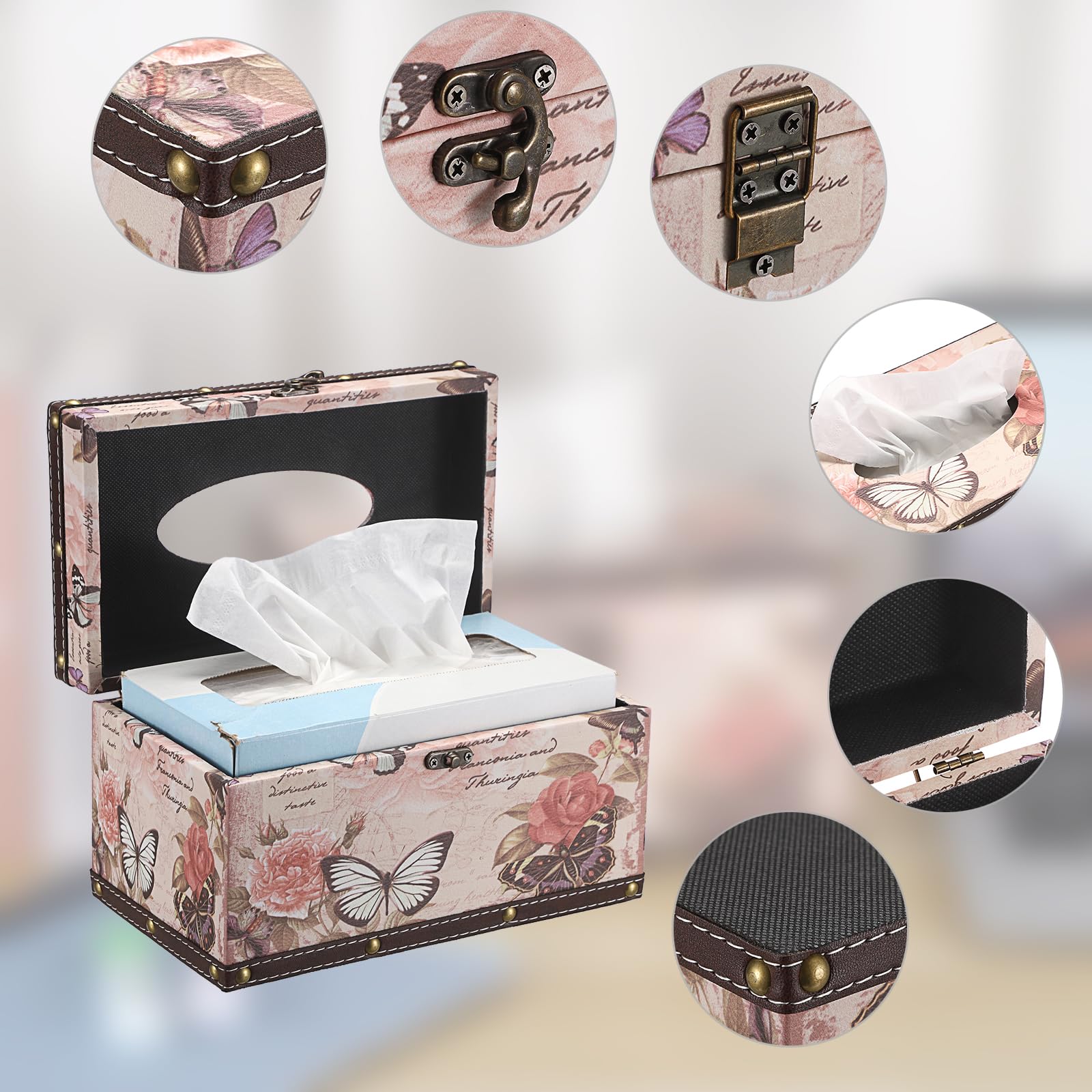 Sumnacon Tissue Box Cover Rectangle Wood Tissue Box With Hinged Lid,Vintage Pu Tissue Box Holder Retro Pink Tissue Cover For Bat