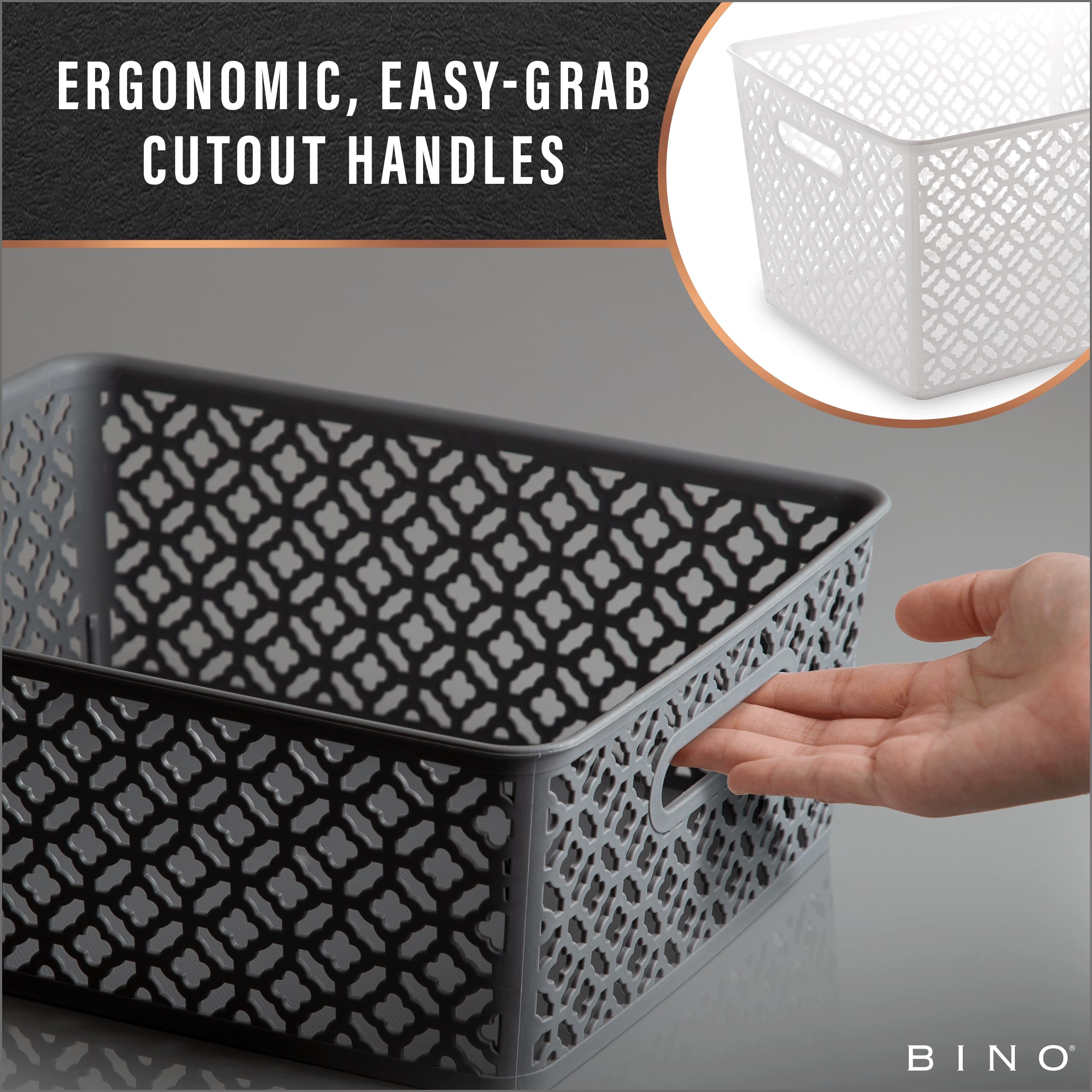 Bino L Plastic Storage Baskets, Large - White | The Blossom Collection L Multi-Use Organizer Bin L Built-In Handles L Plastic Wo