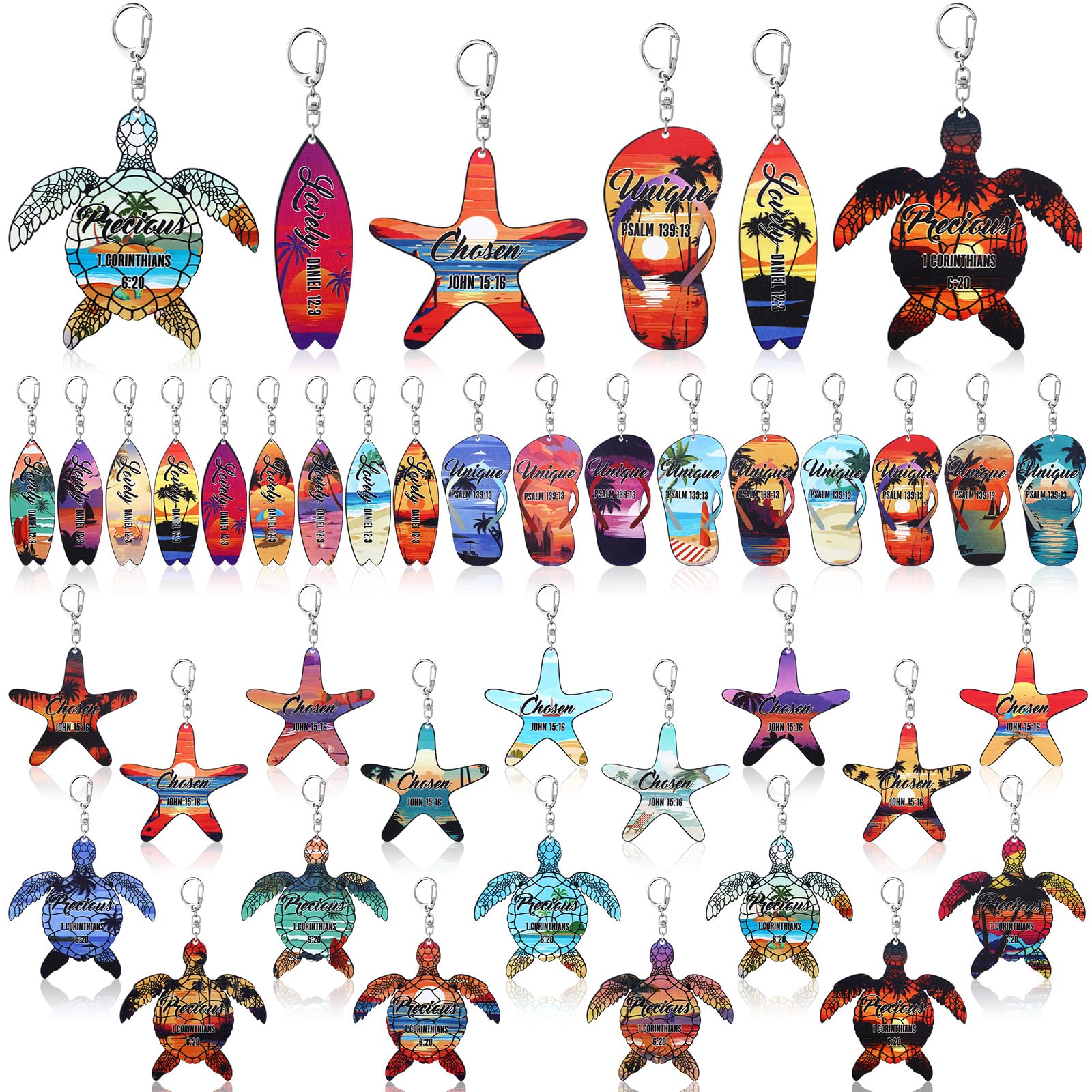 Bucherry 36 Pcs Beach Summer Party Favors Keychain Gifts Bulk Wooden Surfboard Sea Turtle Coconut Tree Christian Religious Key R