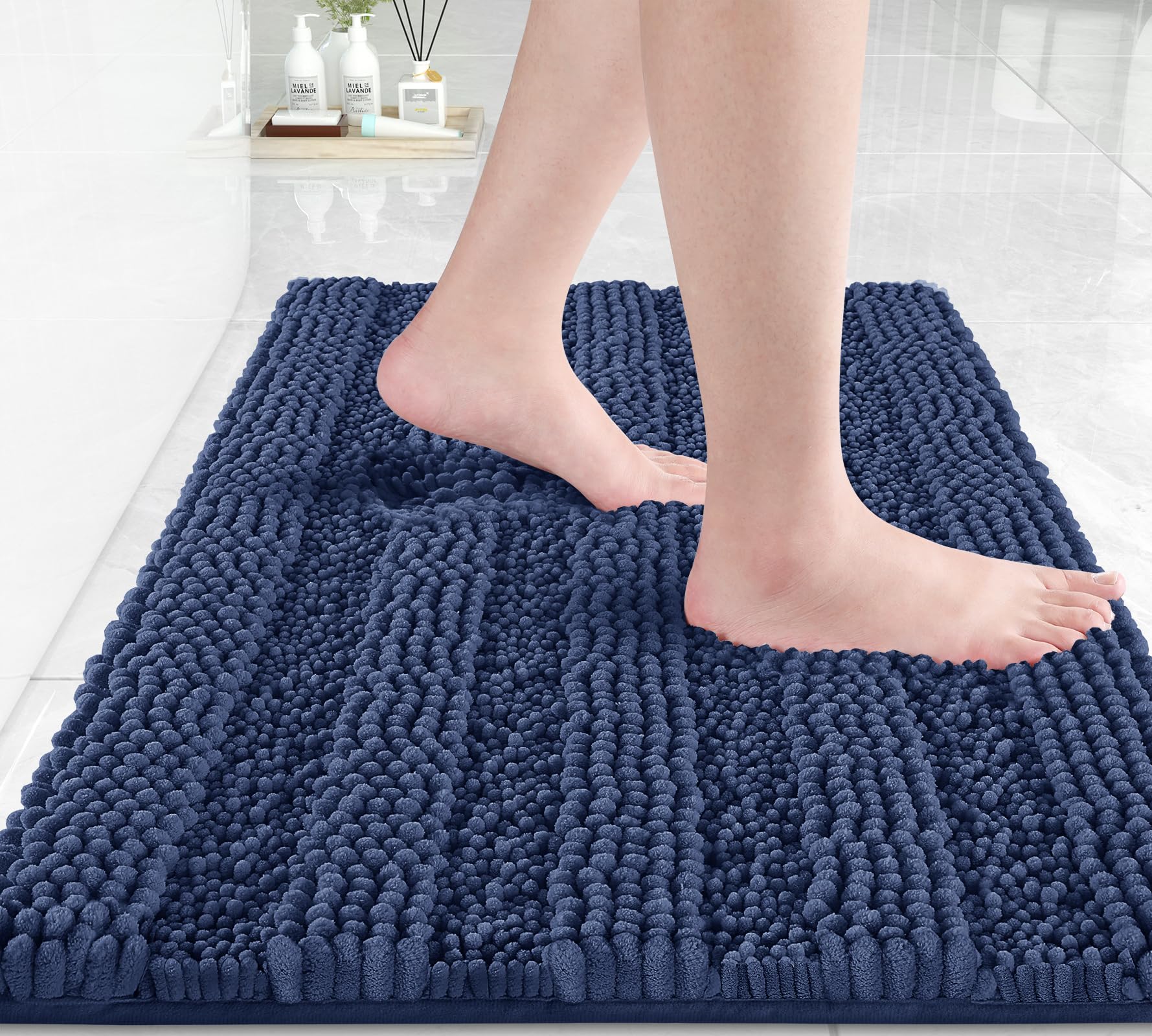 Yimobra Navy Blue Bathroom Rug Mat, Non Slip Quick Dry Bath Mats, Extra Thick And Super Absorbent Bath Rugs, Luxury Microfiber C