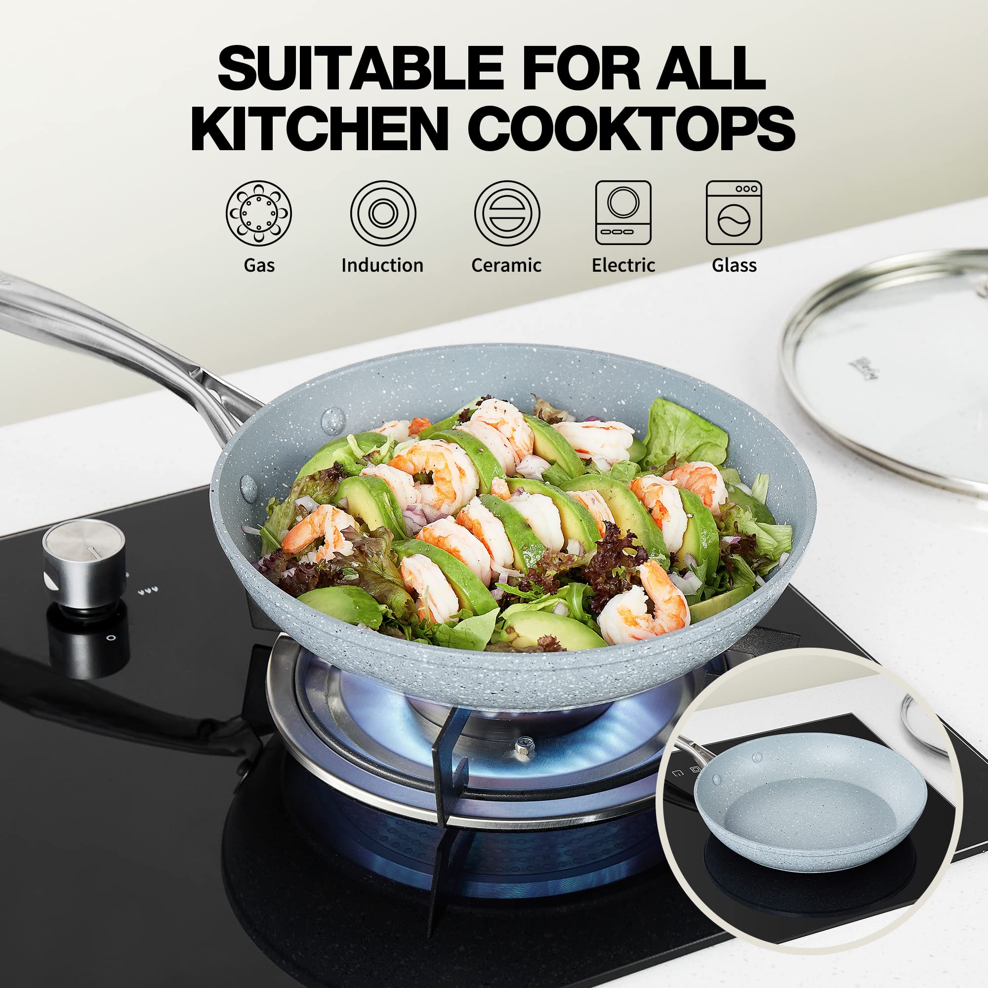HLAFRG 12 Inch Nonstick Frying Pan with Lid  Blue Marble Skillet with Stone-Derived Coating  APEO & PFOA Free  With Soft-touch Ergonomic Handle  Oven Safe and Induction Compatible