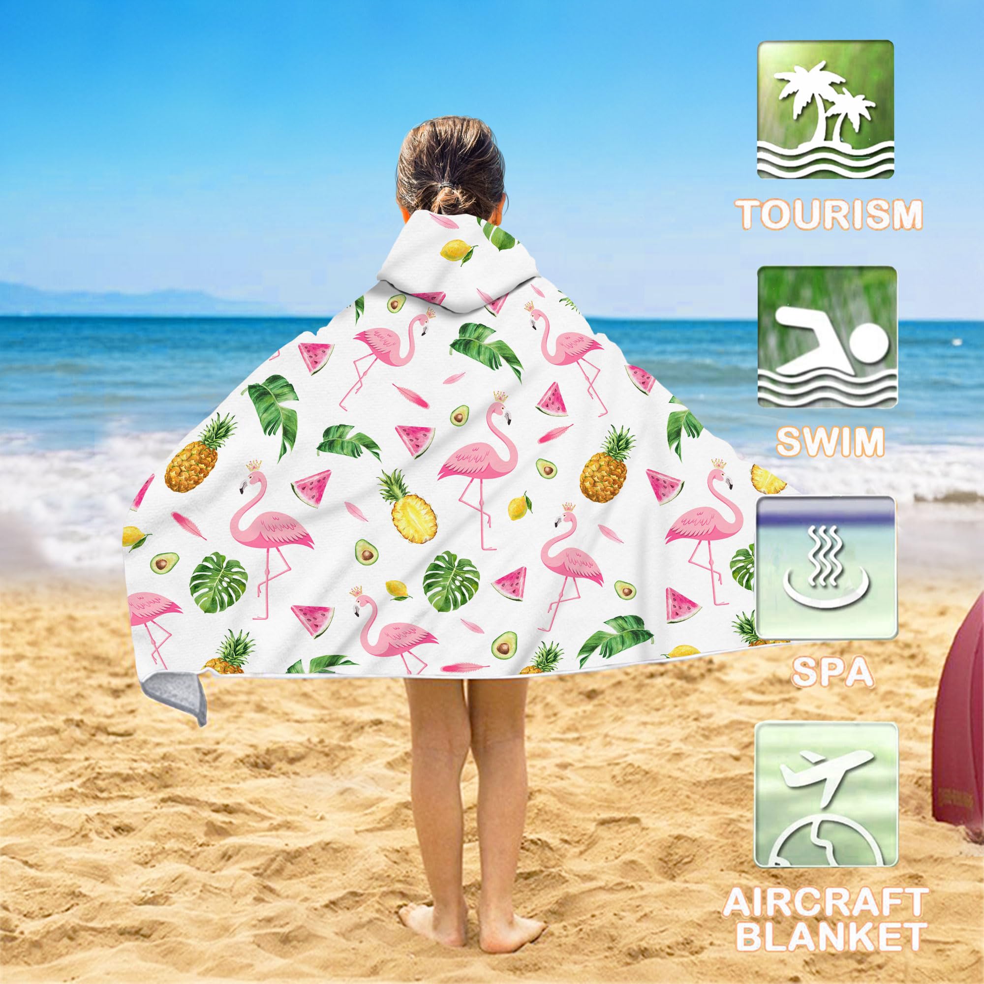 Bonsai Tree Summer Pink Flamingo Bright Hooded Beach Towel, Flamingo Lover Kids Poncho Towel for Boys Girls, Quick Dry 30  x50