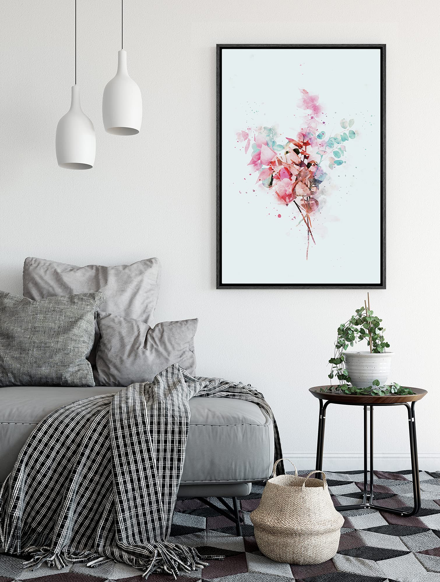Signford Framed Canvas Print Wall Art Watercolor Pink Flowers Nature Wilderness Illustrations Modern Art Contemporary Relax/Calm