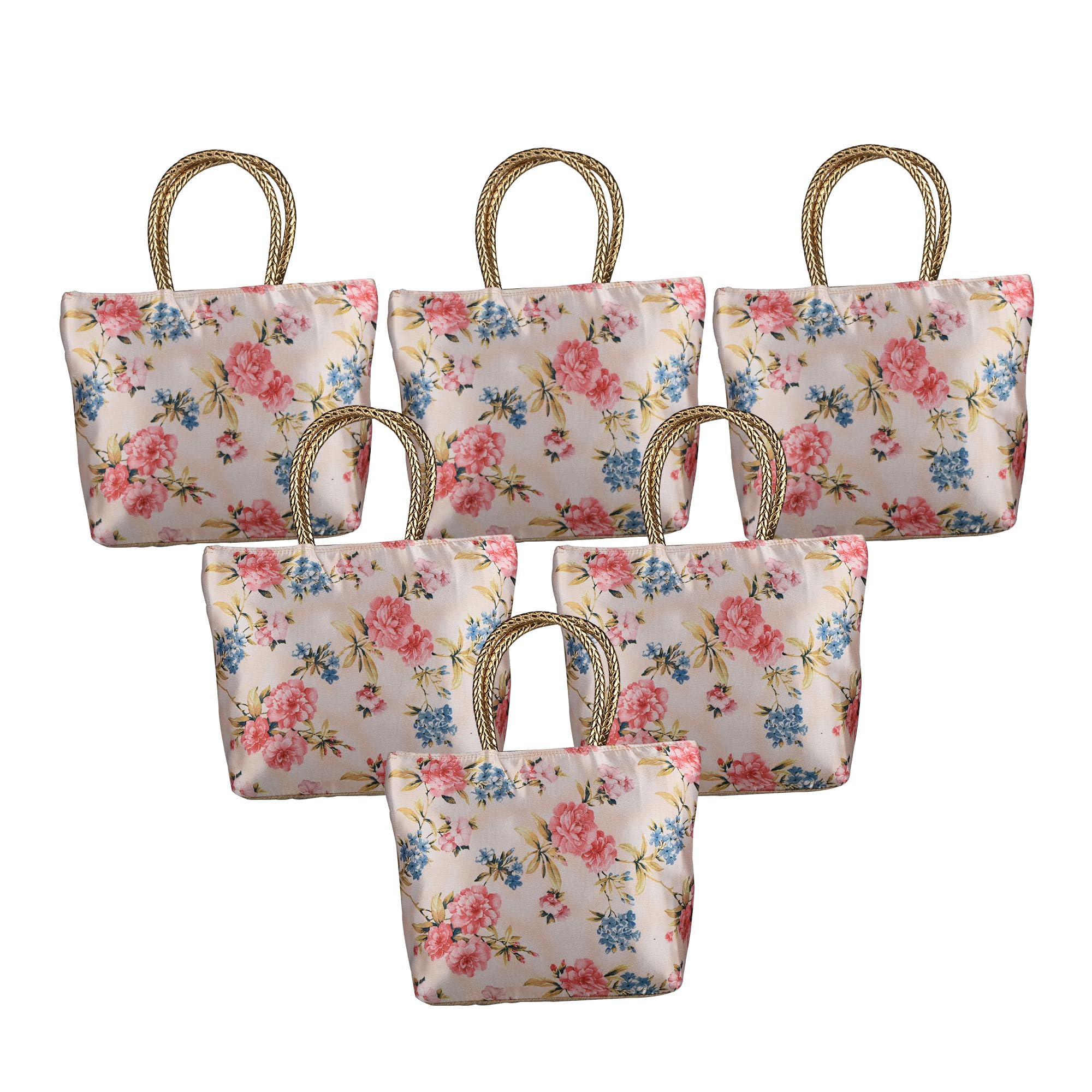 Kuber Industries 6 Pcs Silk Small Hand Bags For Women Stylish With Handle & 1 Outer Zip Pocket | Traditional Handheld Bags For W