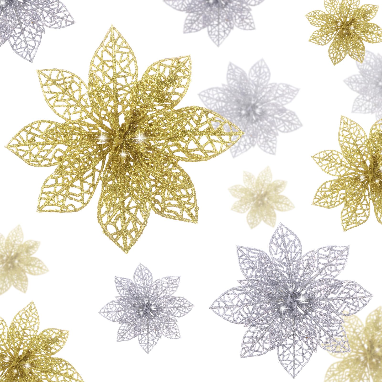 Boao 24 Pieces Christmas Poinsettia Tree Ornament Artificial Flowers Christmas Decoration Glitter Ornament, 3/4/6 Inches(Gold,Si