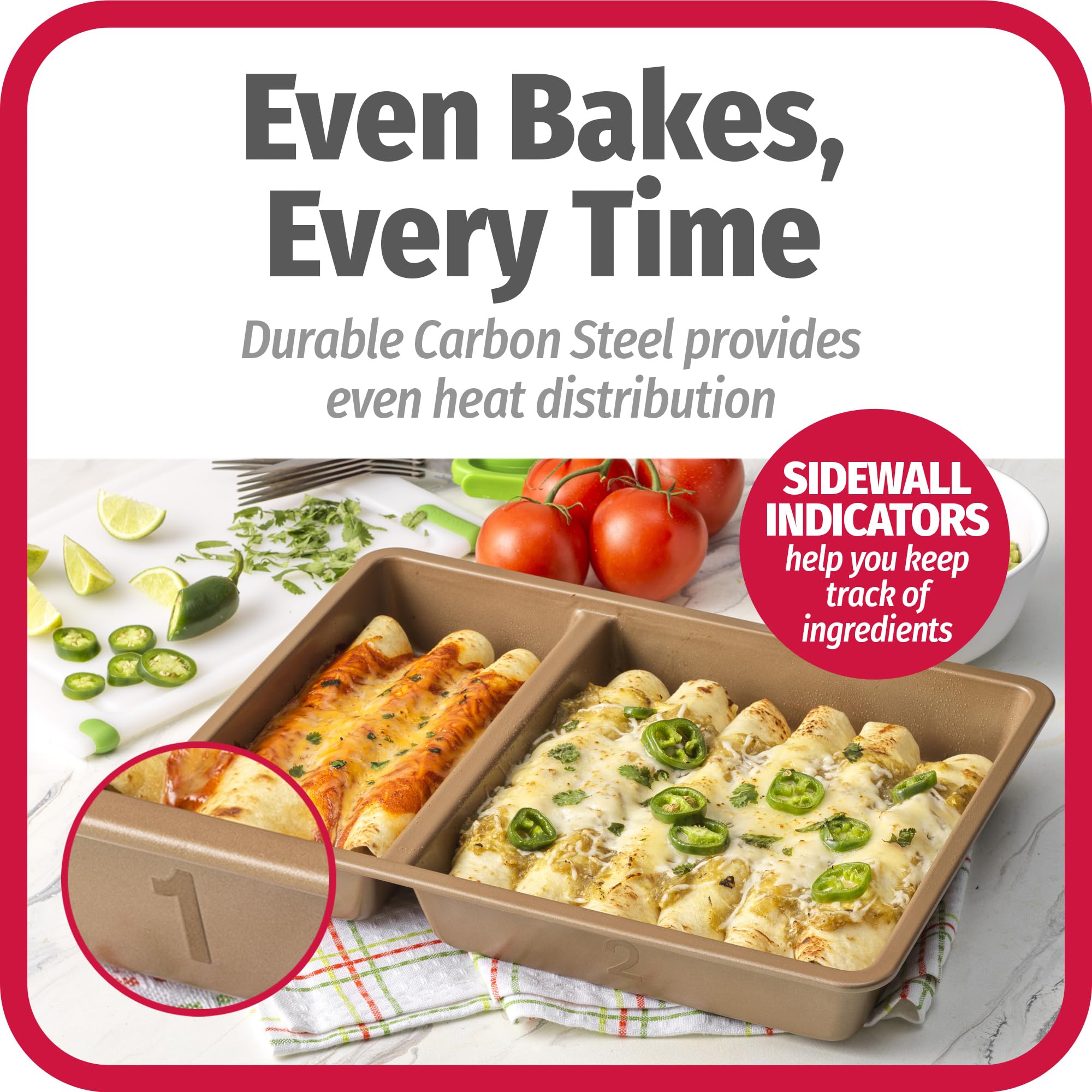 GoodCook Nonstick Divided Oblong Baking Dish, 2-in-1 Carbon Steel, 9” x 13”, Bronze - Scratch-Resistant, Model 04269