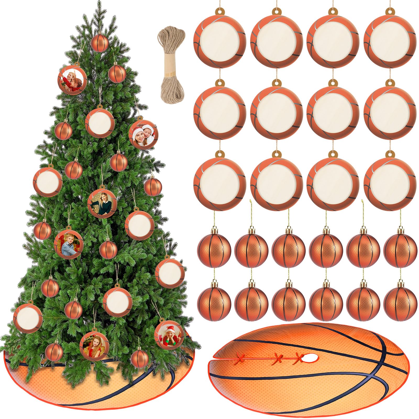 Syhood 26 Pcs Basketball Christmas Decor Set Include 12 Sports Ball Ornaments 36'' Print Christmas Tree Skirt 12 Wooden Mini Spo