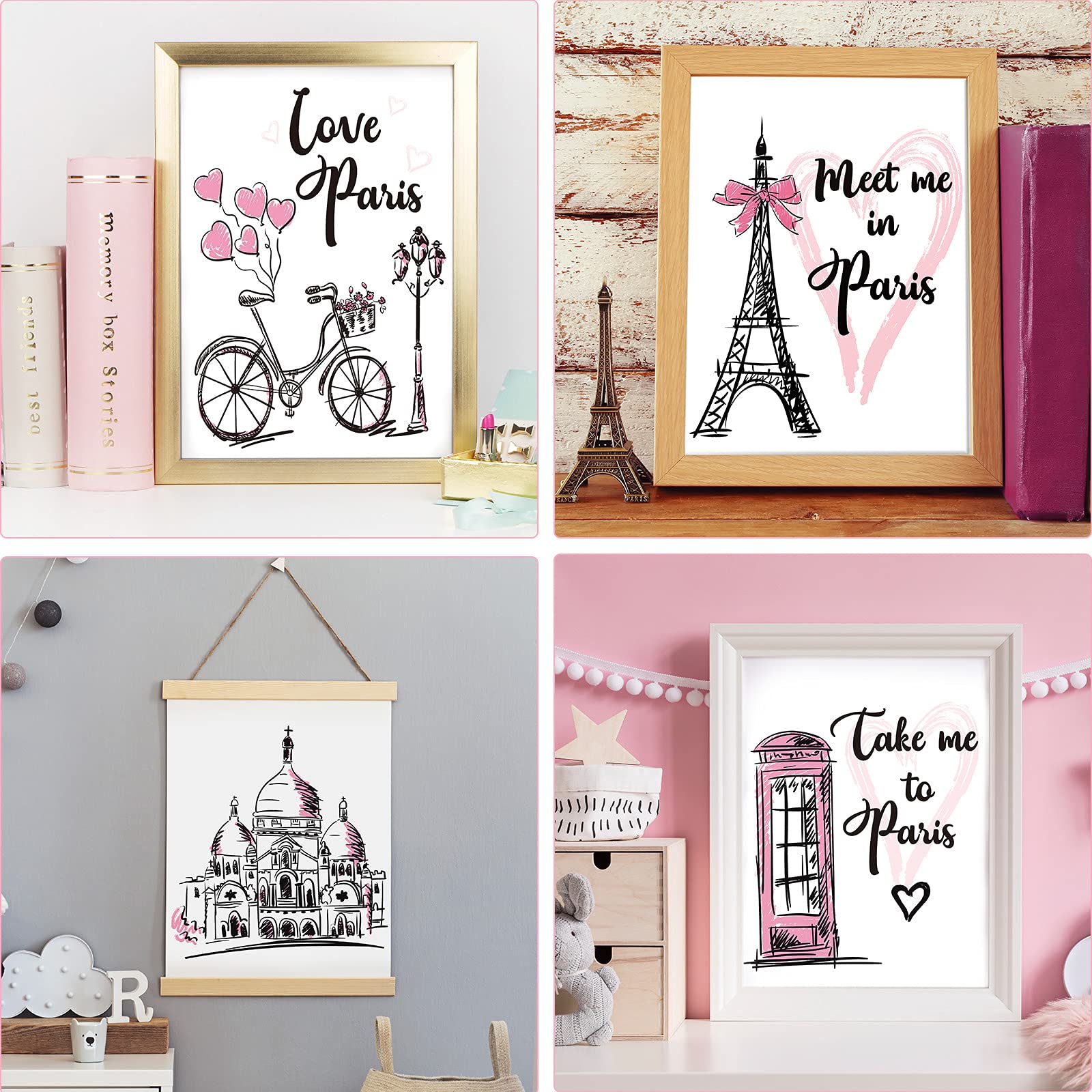 4 Pieces Paris Wall Art Prints  Pink Eiffel Tower Telephone Booth Romantic Paris Theme Room Unframed Art Poster Decor for Girls Living Room Bedroom Bathroom Kitchen Office Decor  8 x 10 Inch