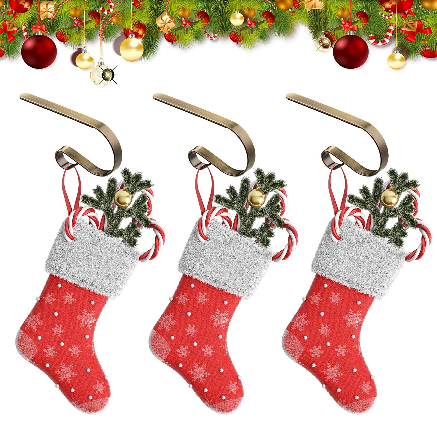 6 Pcs Christmas Stocking Holders Metal Mantel Stocking Hangers Adjustable Hanging Grip Stockings Clip Set (6, Antique Brass)