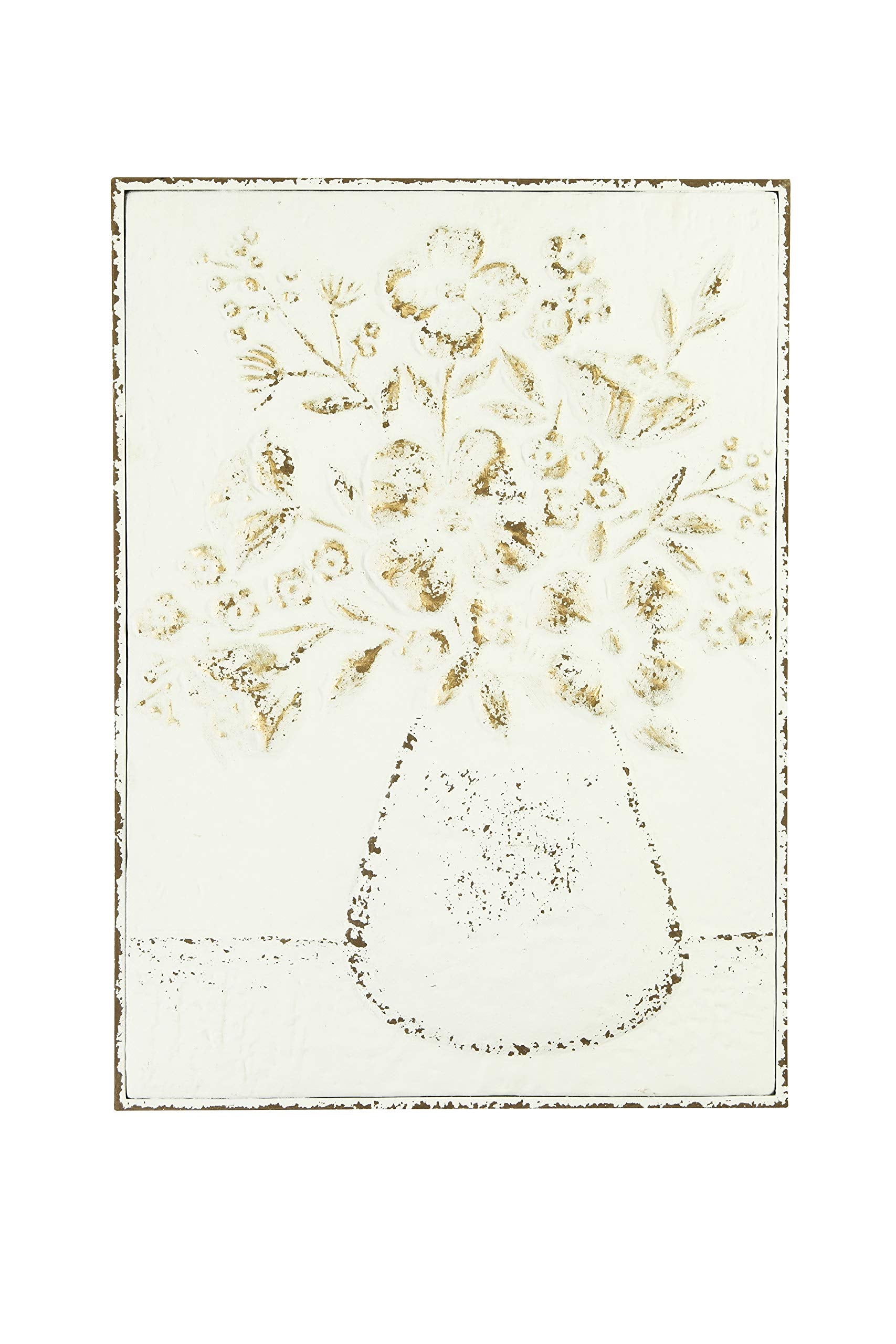 Creative Co-Op Embossed Metal Wall Art with Flowers in Vase, Distressed White