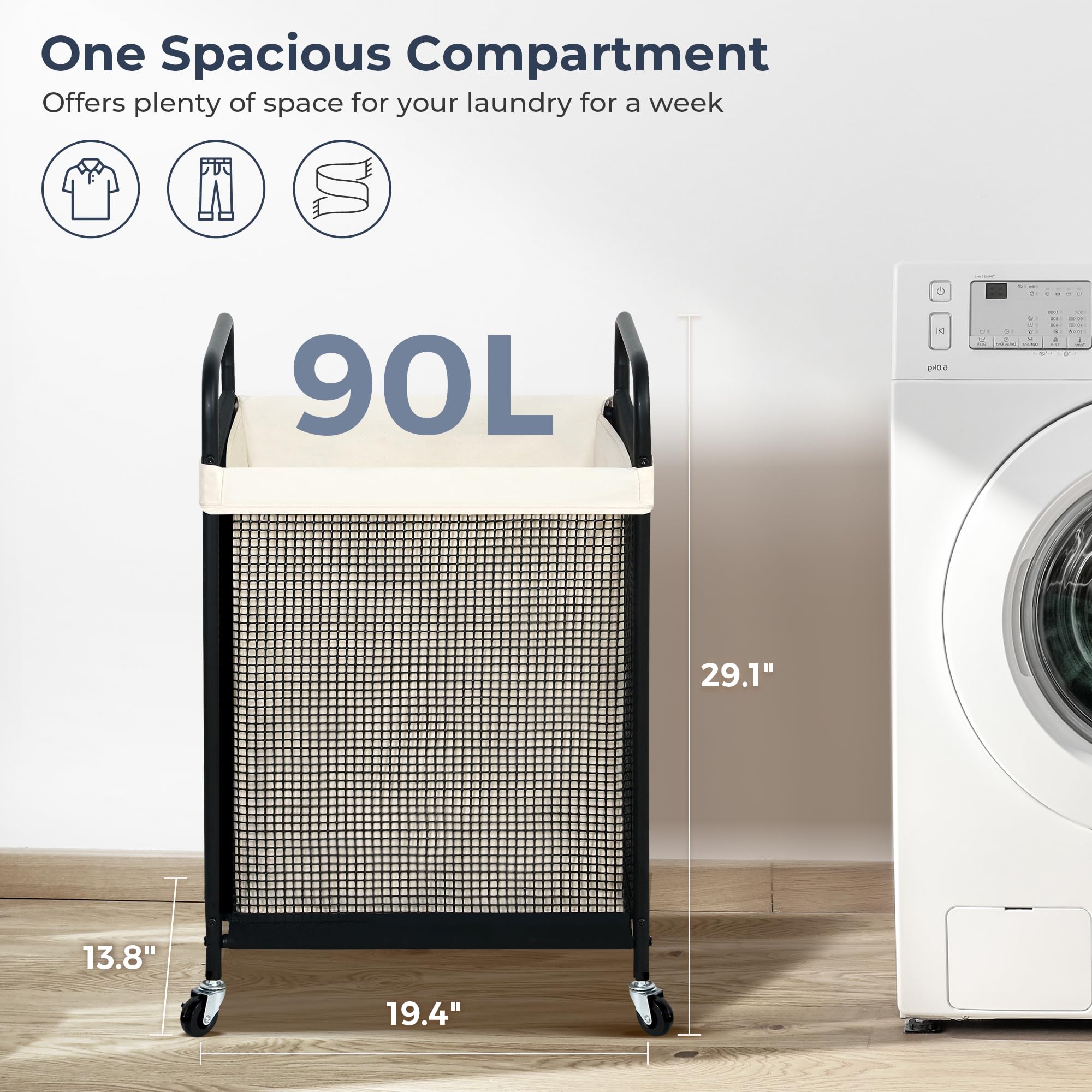 Sto Sto Laundry Hamper, 90L Rolling Laundry Sorter Cart With Removable And Washable Liner Bag, Rolling Clothes Hamper With Metal