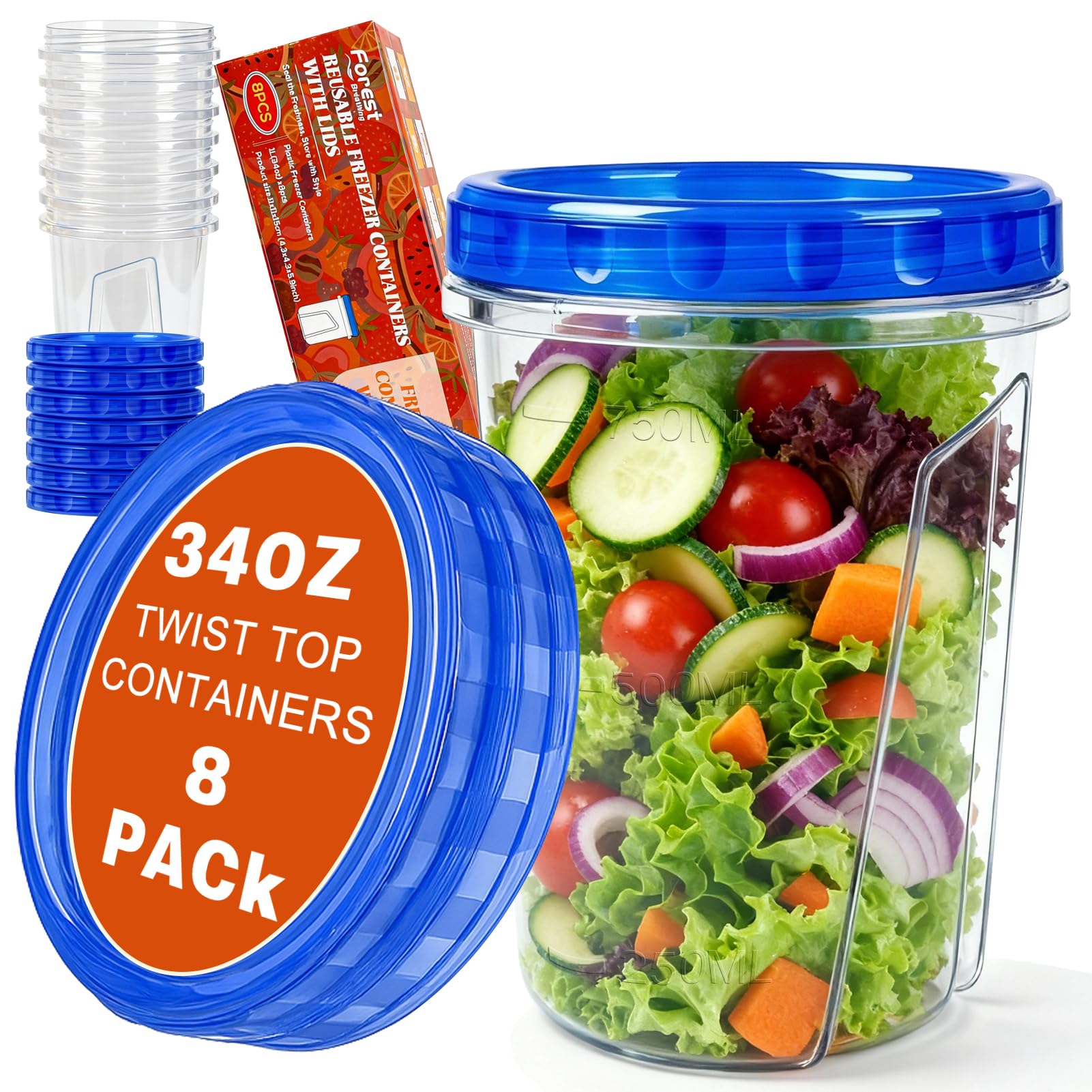 8 Pack 34oz Reusable Freezer Storage Containers with Twist Top Lids Airtight, Clear Plastic Soup Freezer Containers, Quart Food 