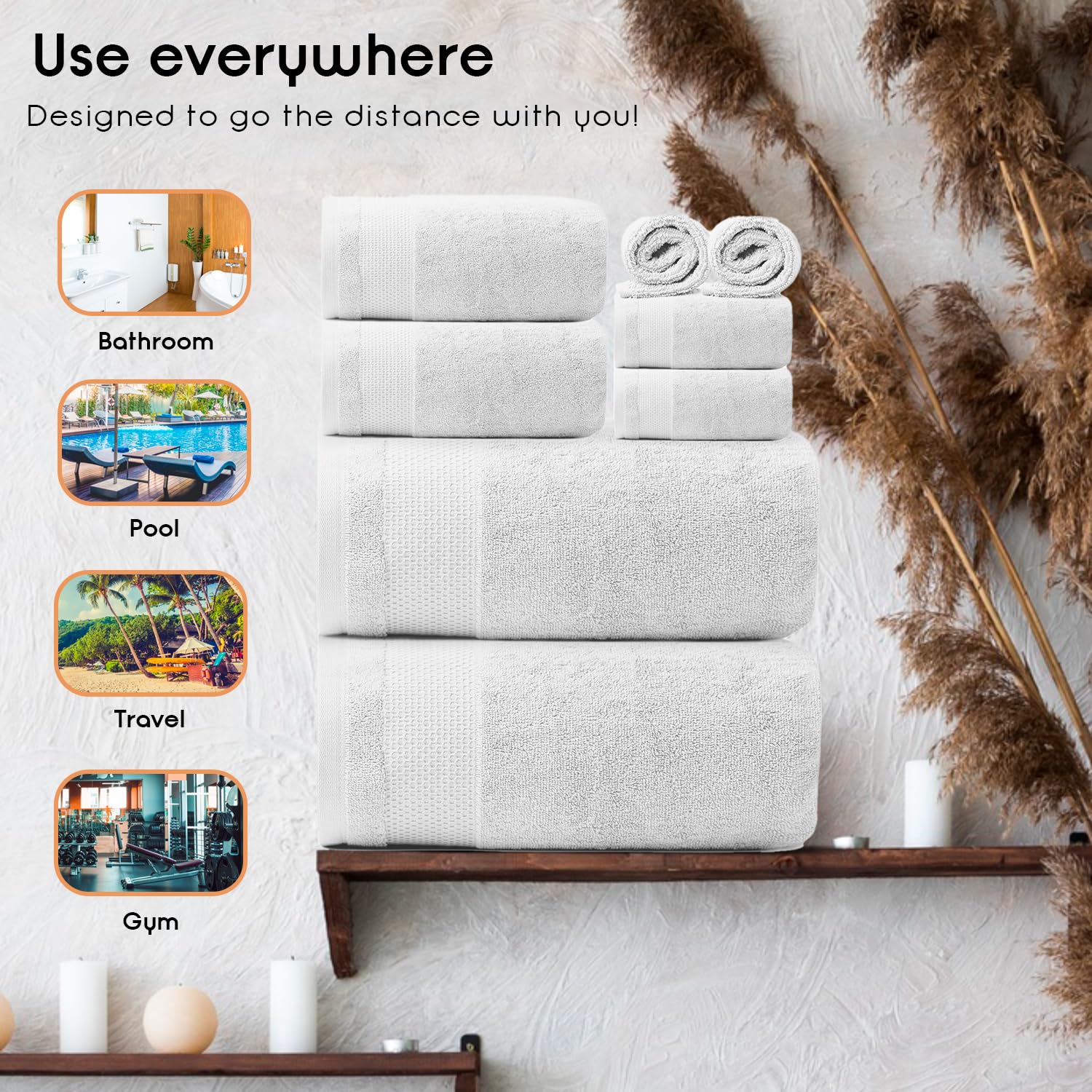 Ariv - 2 Ply Ultra Luxury 8-Piece Towel Set - 100% Combed Cotton Large Towels For Extra Softness, Absorbency & Quick Drying - Pe