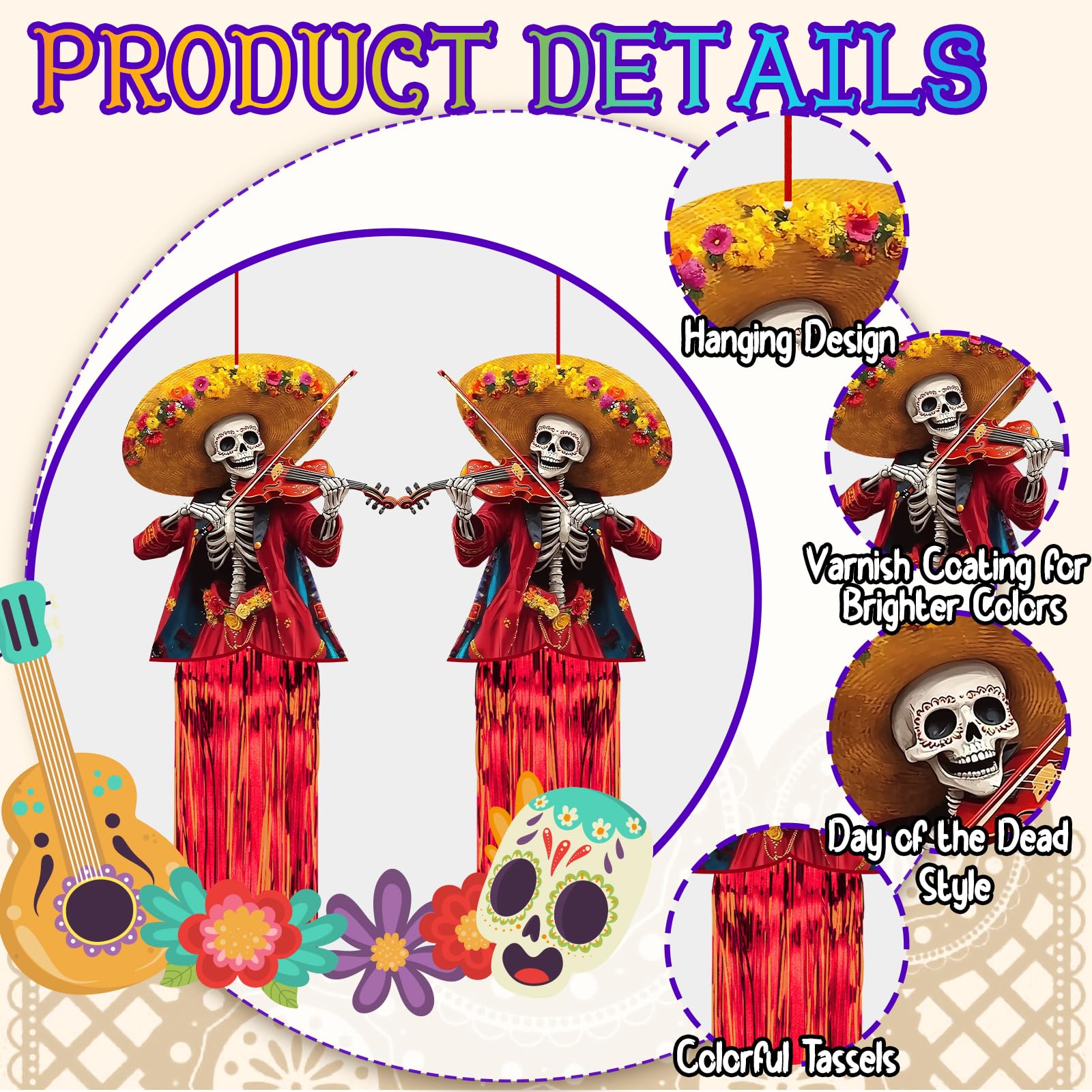 8 Pcs Day of The Dead Sugar Skull Hanging Decorations, 4.9 Ft Dia De Los Muertos Hanging Decorations for Dia de Los Muertos Alta