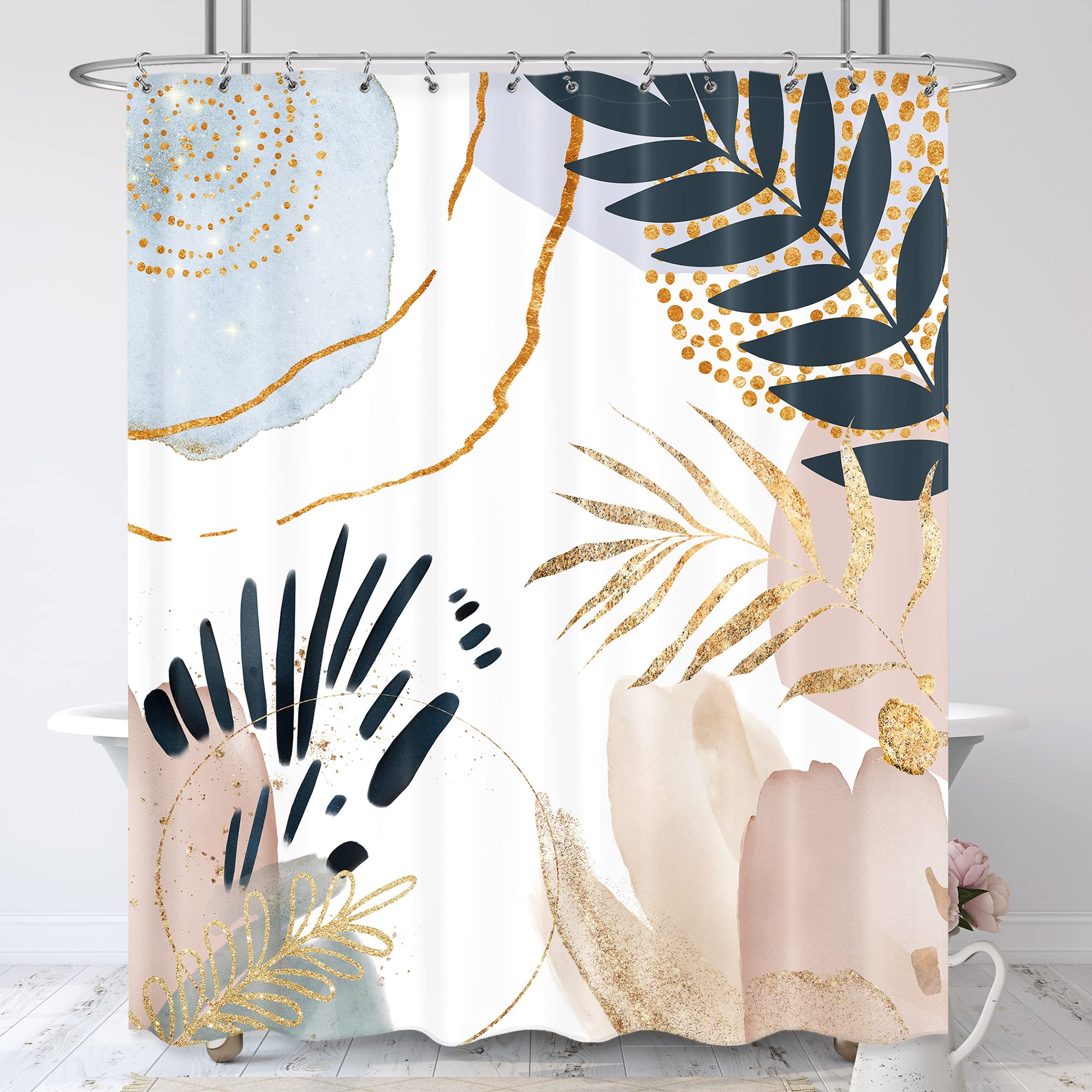 Lightinhome Abstract Mid Century Shower Curtain 72Wx84H Inches Extra Long Boho Pastel Geometric Golden Leaves Minimalist Modern