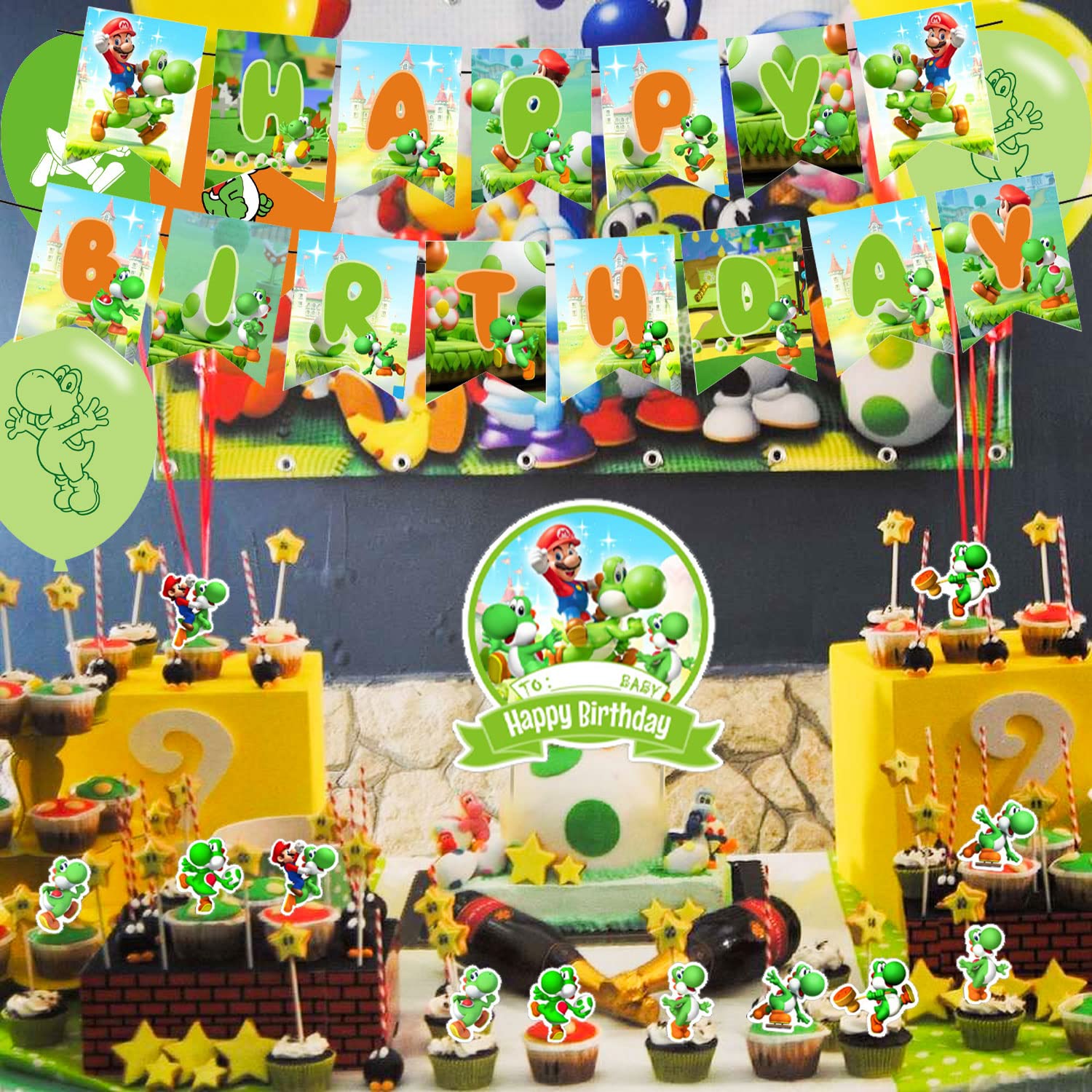 Yoshi Party Decorations,Birthday Party Supplies For Mario Yoshi Party Supplies Includes Banner - Cake Topper - 12 Cupcake Topper