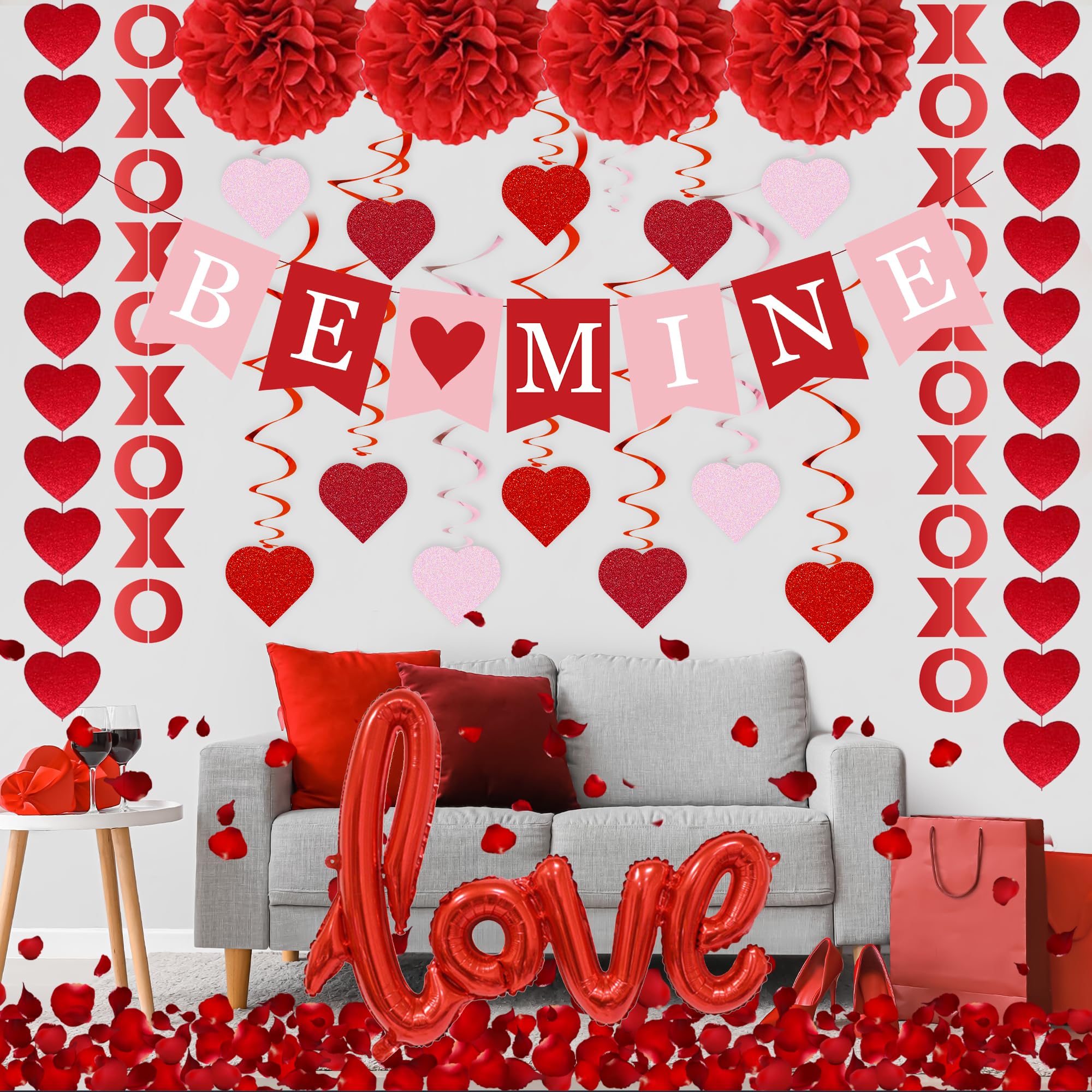 Dmight Red Valentine'S Day Decoration Set, Be Mine Banner, Love Heart Xo Garlands, Rose Petals, Hanging Swirls, Foil Love Balloo