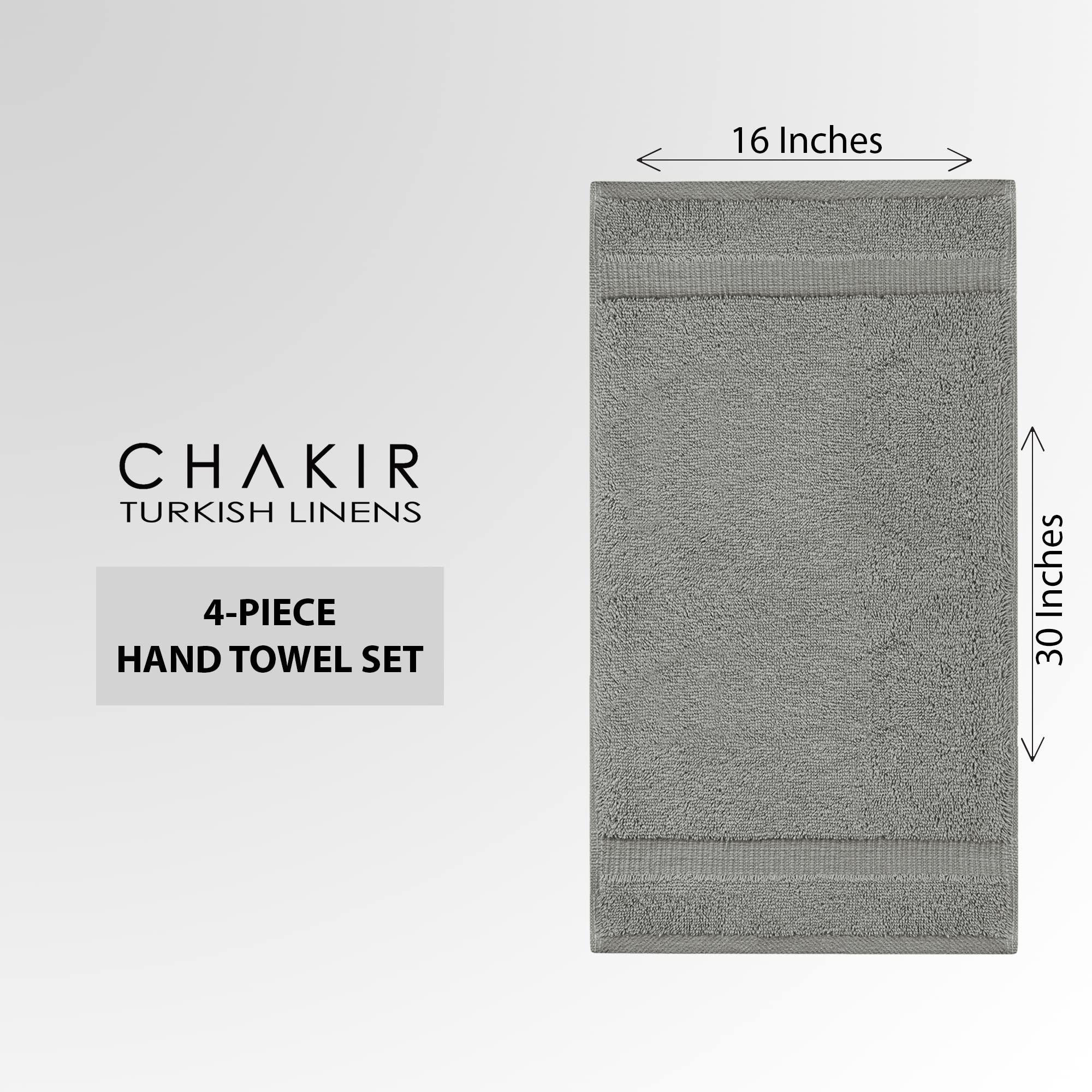 Chakir Turkish Linens 100% Cotton Premium Turkish Towels For Bathroom | 16'' X 30'' (4-Piece Hand Towel, Gray)