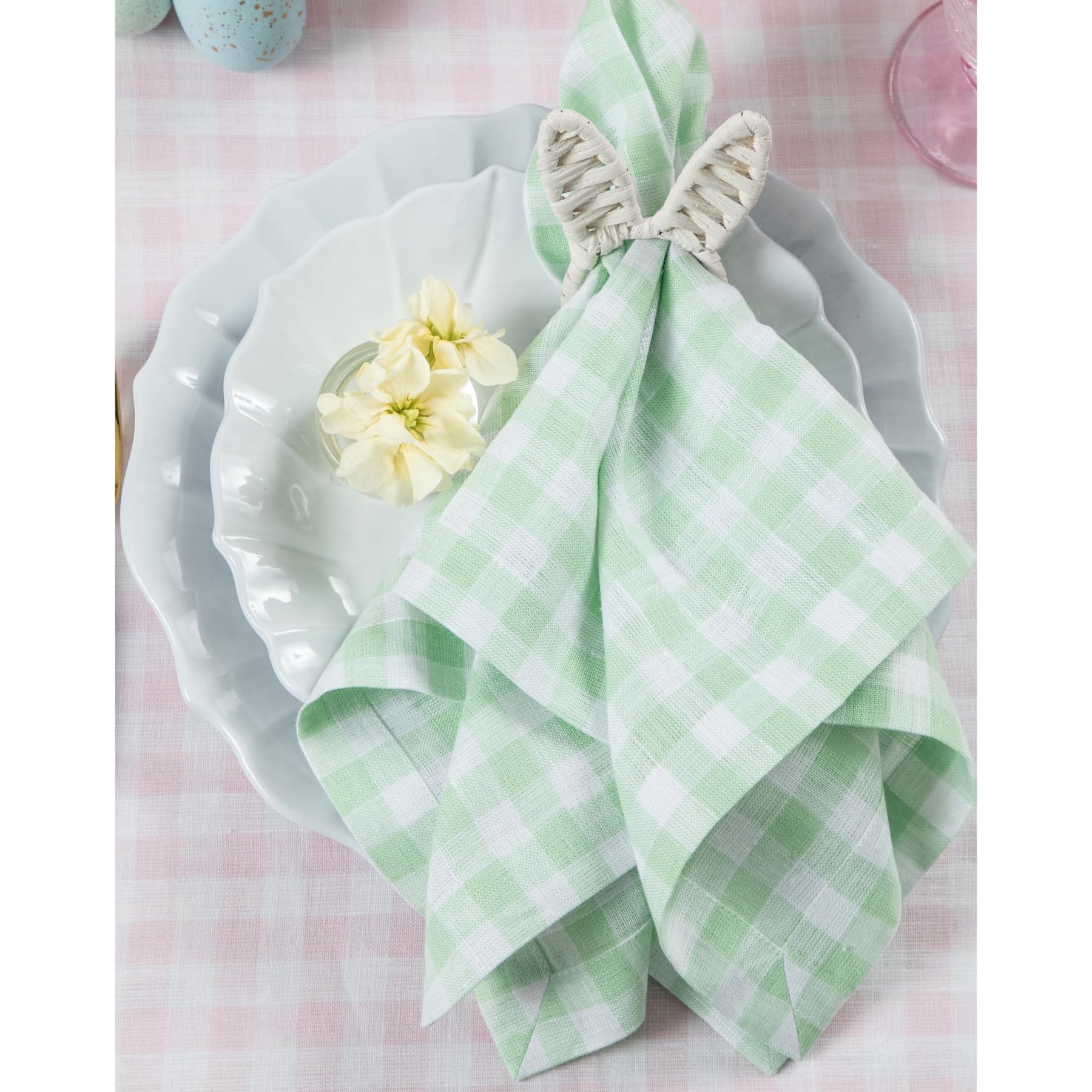 Solino Home Gingham Check Linen Napkins Set Of 4 - 100% Pure Linen Celadon Plaid Napkins 20 X 20 Inch - Machine Washable Cloth D