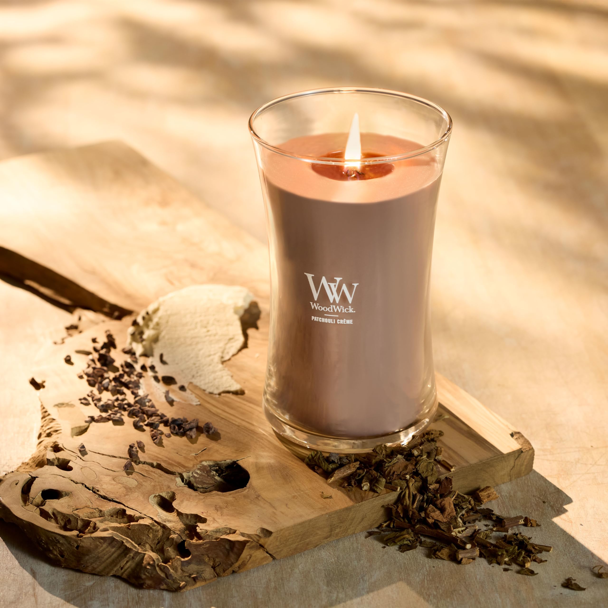 WoodWick Patchouli Crme Gifts for Women and Men, 21.5 oz Large Hourglass Candle with Crackling Wick