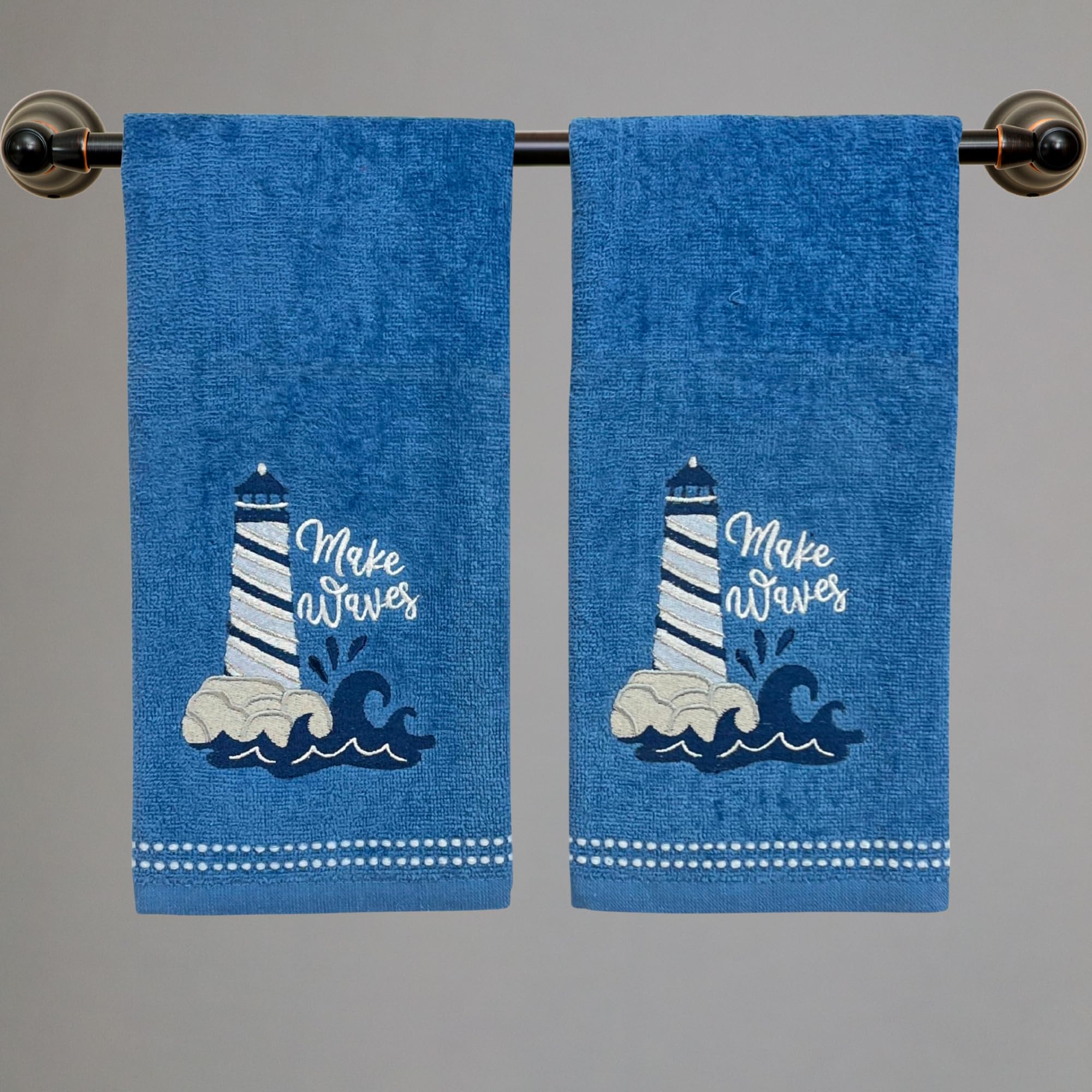 Serafina Home Coastal Lighthouse Bath Hand Towels, Embroidered Make Waves Lighthouse Waves 16 X 25 Inches, 2 Piece Set, Blue