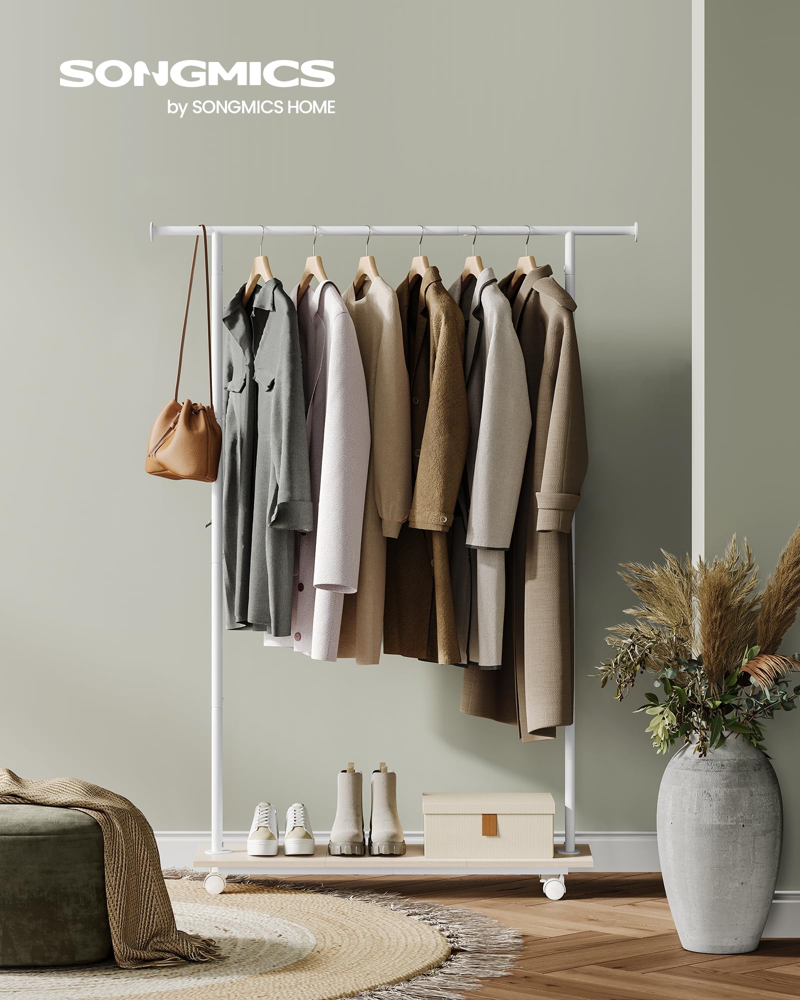 Songmics Clothes Rack With Wheels, Clothing Rack For Hanging Clothes, 38.8 Inches Metal Garment Rack With Shelf, Loads Up To 110