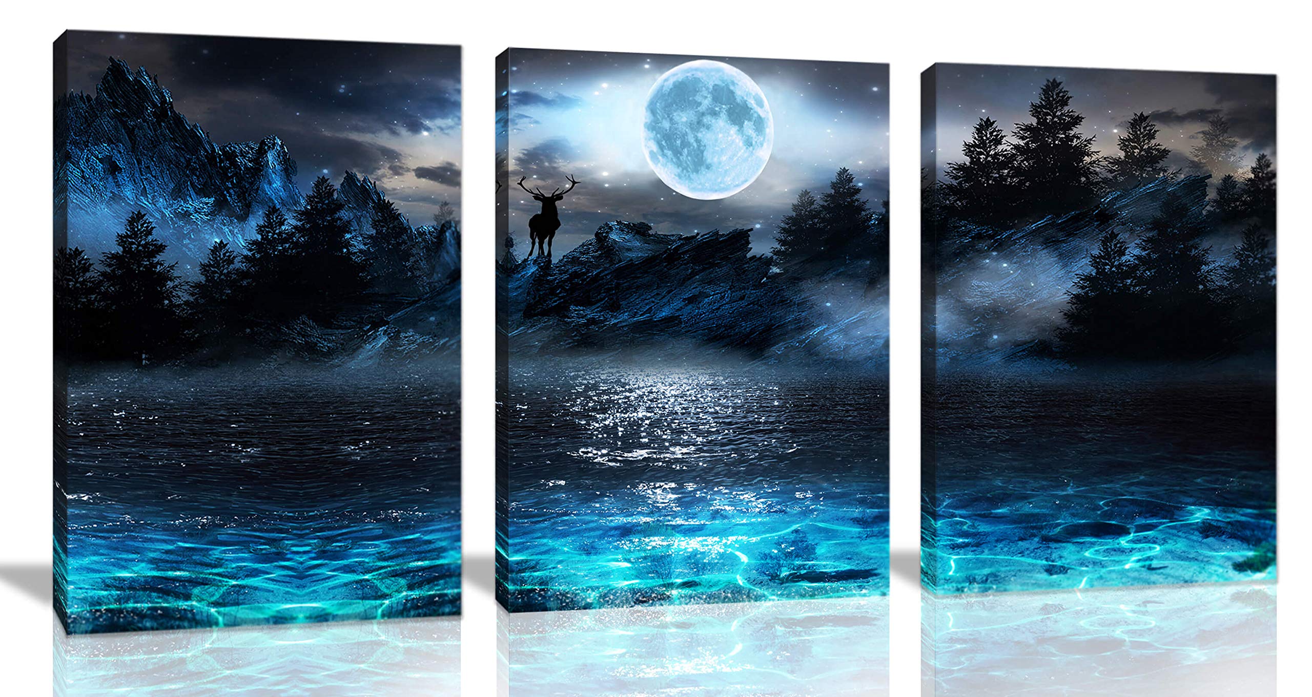 Wall Decorations For Living Room Moon Deer Ocean Landscape Picture Teen Room Decor Wall Art For Bedroom Modern Decor 3 Piece Fra